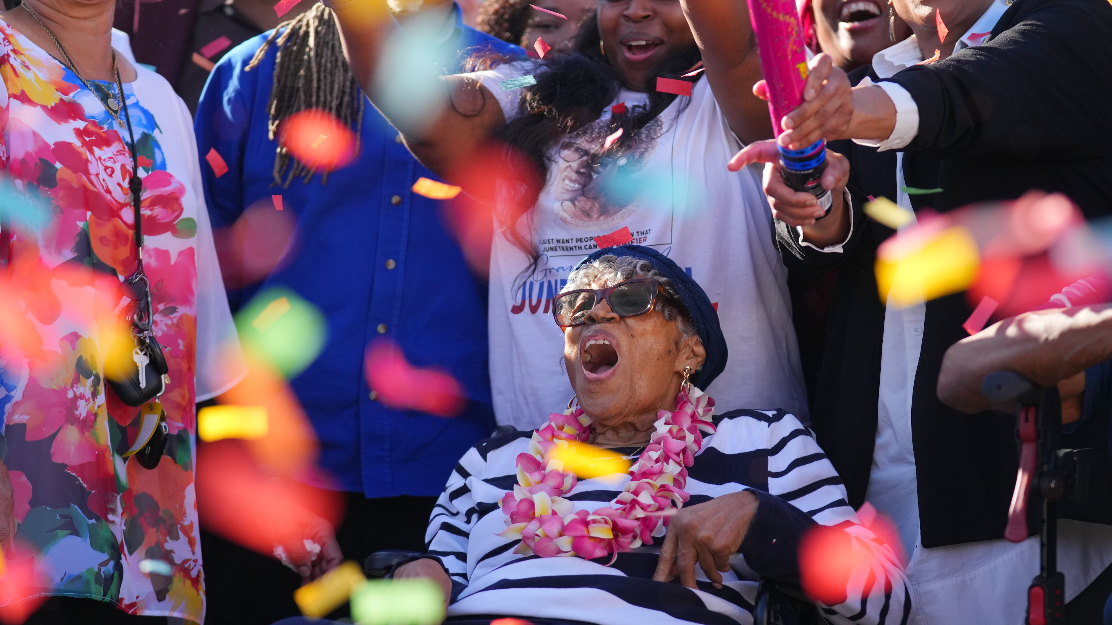 Opal Lee reacts as confetti is popped during an event honoring her 100th birthday Wednesday, Oct. 7, 2026, in Fort Worth, Texas. (AP Photo/Julio Cortez)