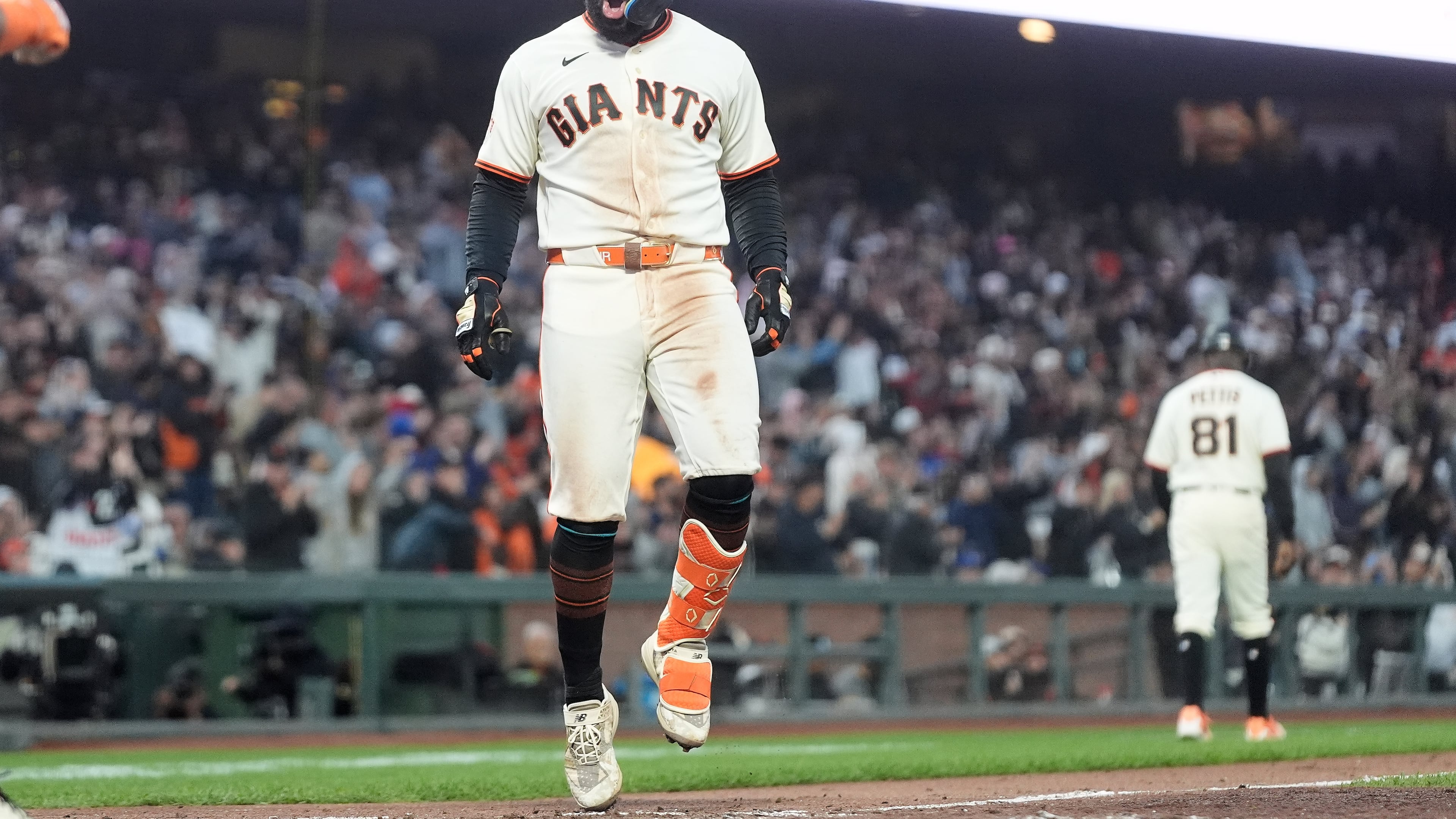 San Francisco Giants' Heliot Ramos reacts after hitting a three-run home during the sixth inning of a baseball game against the Toronto Blue Jays Monday, July 6, 2026, in San Francisco. (AP Photo/Jeff Chiu)