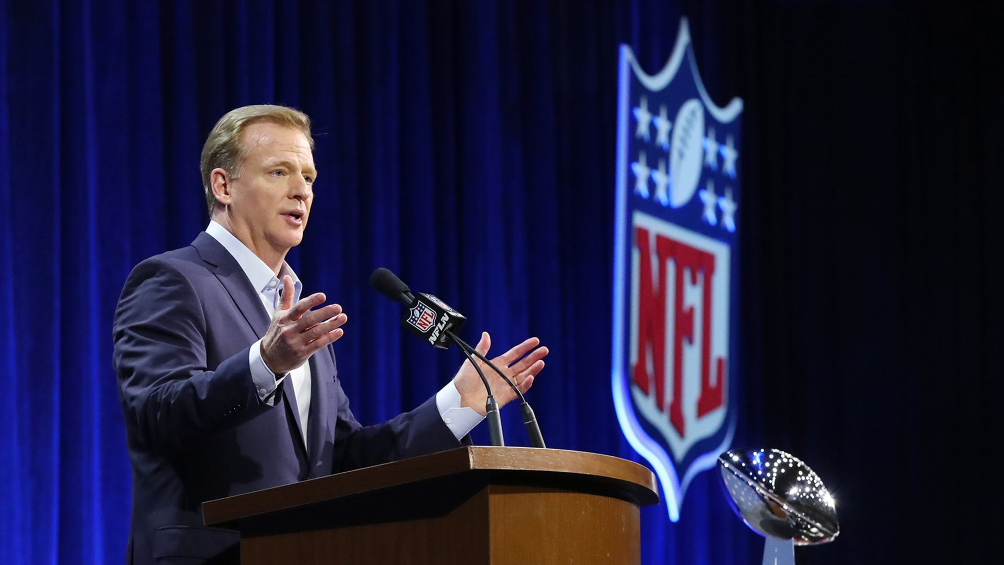 NFL Commissioner Roger Goodell holds his annual Super Bowl news conference Wednesday in Houston. Curtis Compton/ccompton@ajc.com