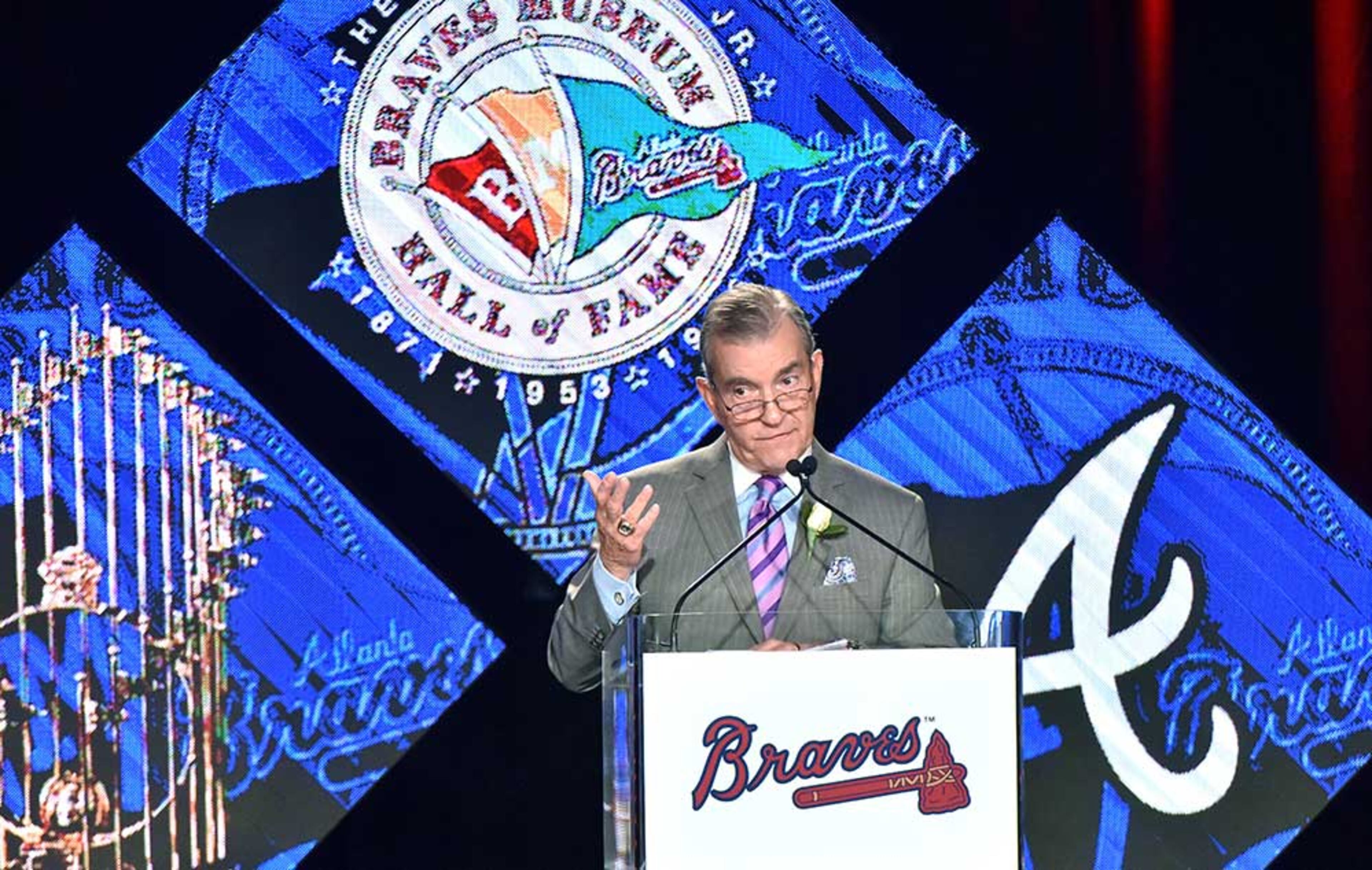 Atlanta Braves President John Schuerholz speaks during Braves Hall of Fame luncheon at Hyatt Regency on Friday, August 19, 2016. Atlanta Braves President John Schuerholz and former outfielder Andruw Jones were inducted into the Braves Hall of Fame. The duo were inducted during a luncheon and honored that evening in a pregame ceremony before the Braves play the Washington Nationals.