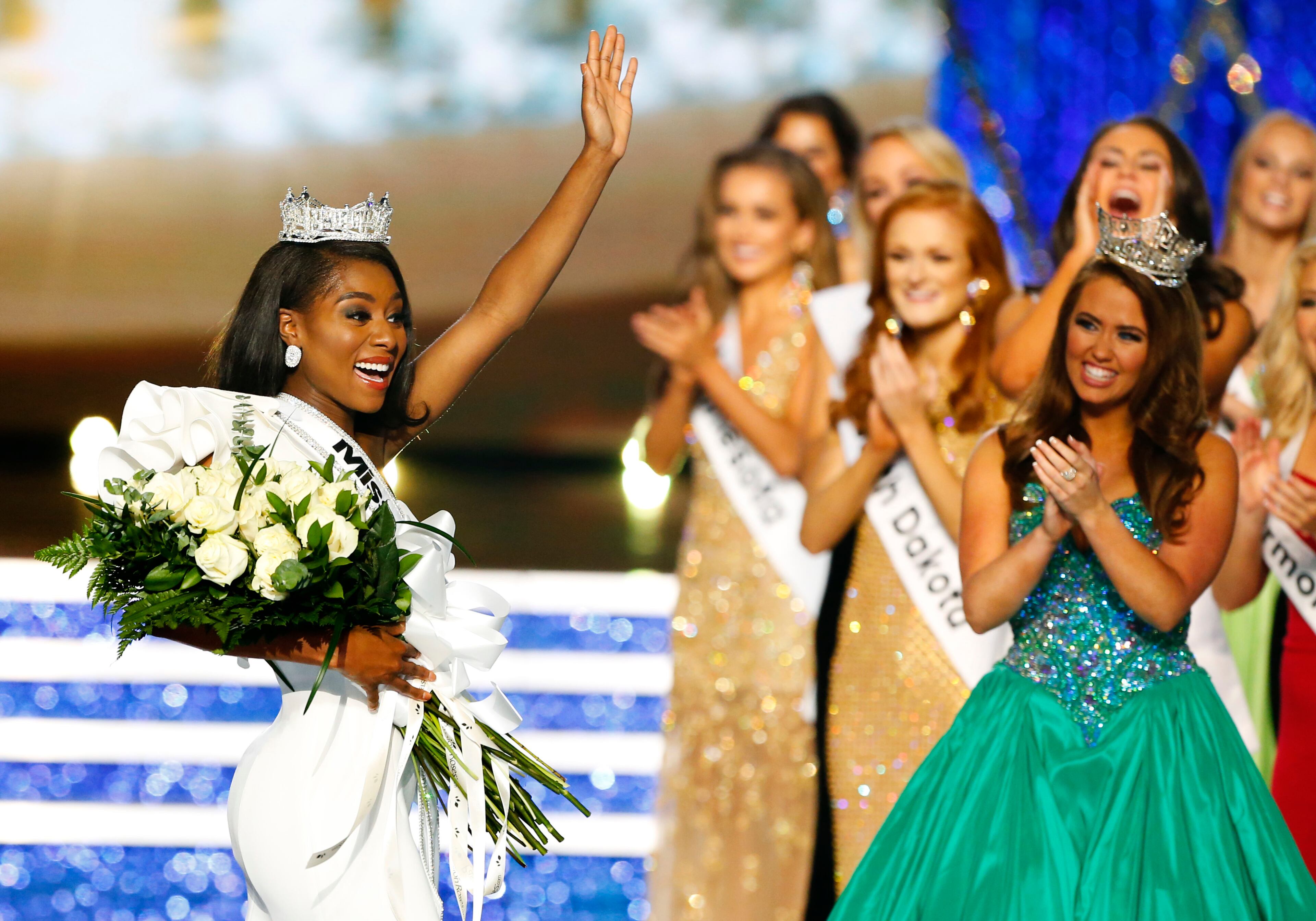 Miss New York Nia Franklin reacts after being named Miss America 2019, Sunday, Sept. 9, 2018, in Atlantic City, N.J. (AP Photo/Noah K. Murray)