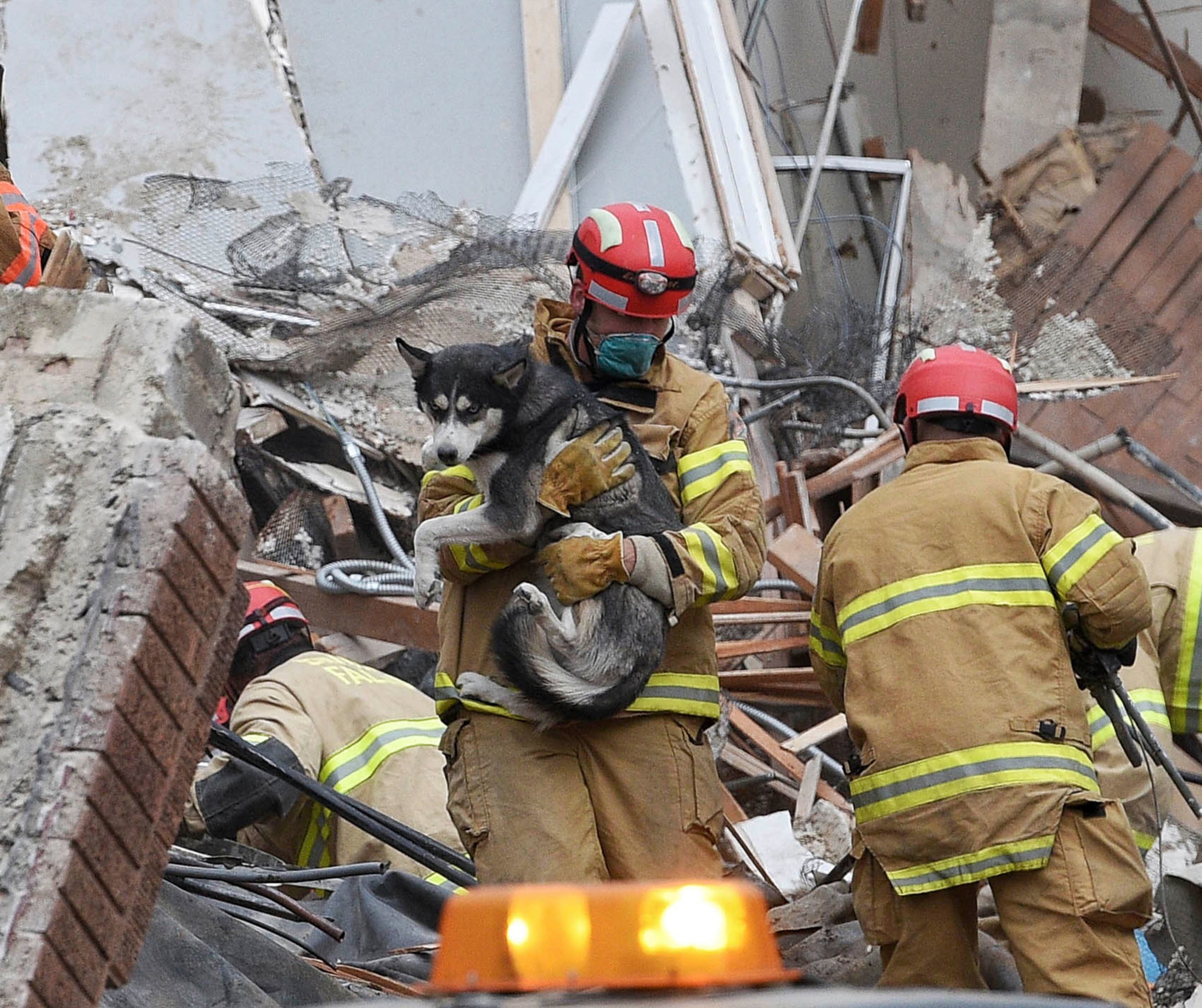 Emergency crews rescue a dog from a building collapse Friday Dec. 2, 2016 in downtown Sioux Falls. Two people were trapped inside the building, which was undergoing construction at the time of the collapse. A fire official says rescue workers are concerned about debris shifting as they try to free the people. (Joe Ahlquist/Argus Leader via AP)