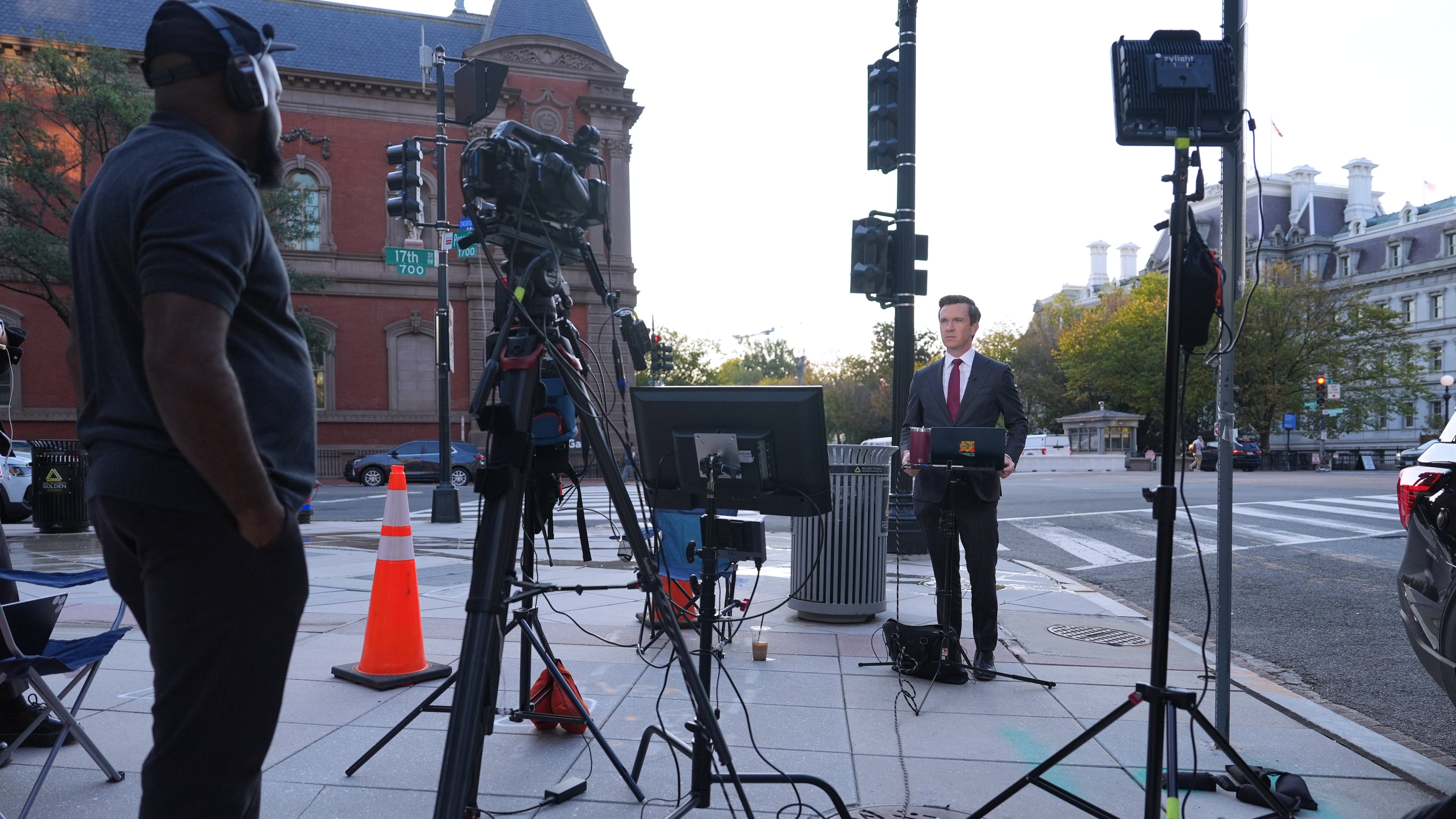Vaughn Hillyard, White House correspondent for MS NOW, does a report from near the White House,, Monday, Sept. 21, 2026, in Washington. (AP Photo/Mark Schiefelbein)