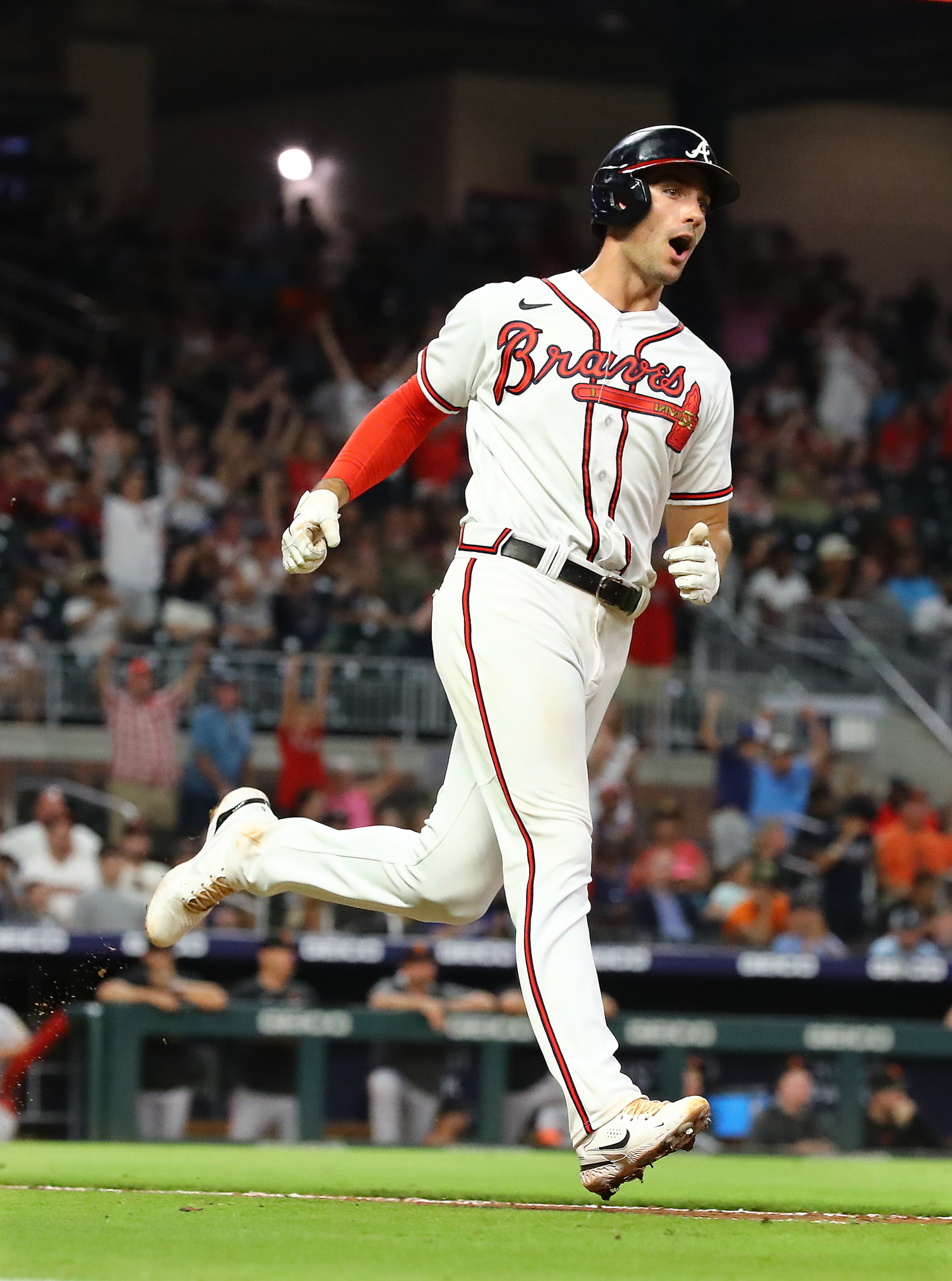 Atlanta Braves first baseman Matt Olson reacts to hitting a 2-run homer against the San Francisco Giants during the ninth inning of a MLB baseball game on Tuesday, June 21, 2022, in Atlanta. Olson also had a 3 run homer in the third inning but the Braves still came up short in a 12-10 loss. “Curtis Compton / Curtis.Compton@ajc.com”