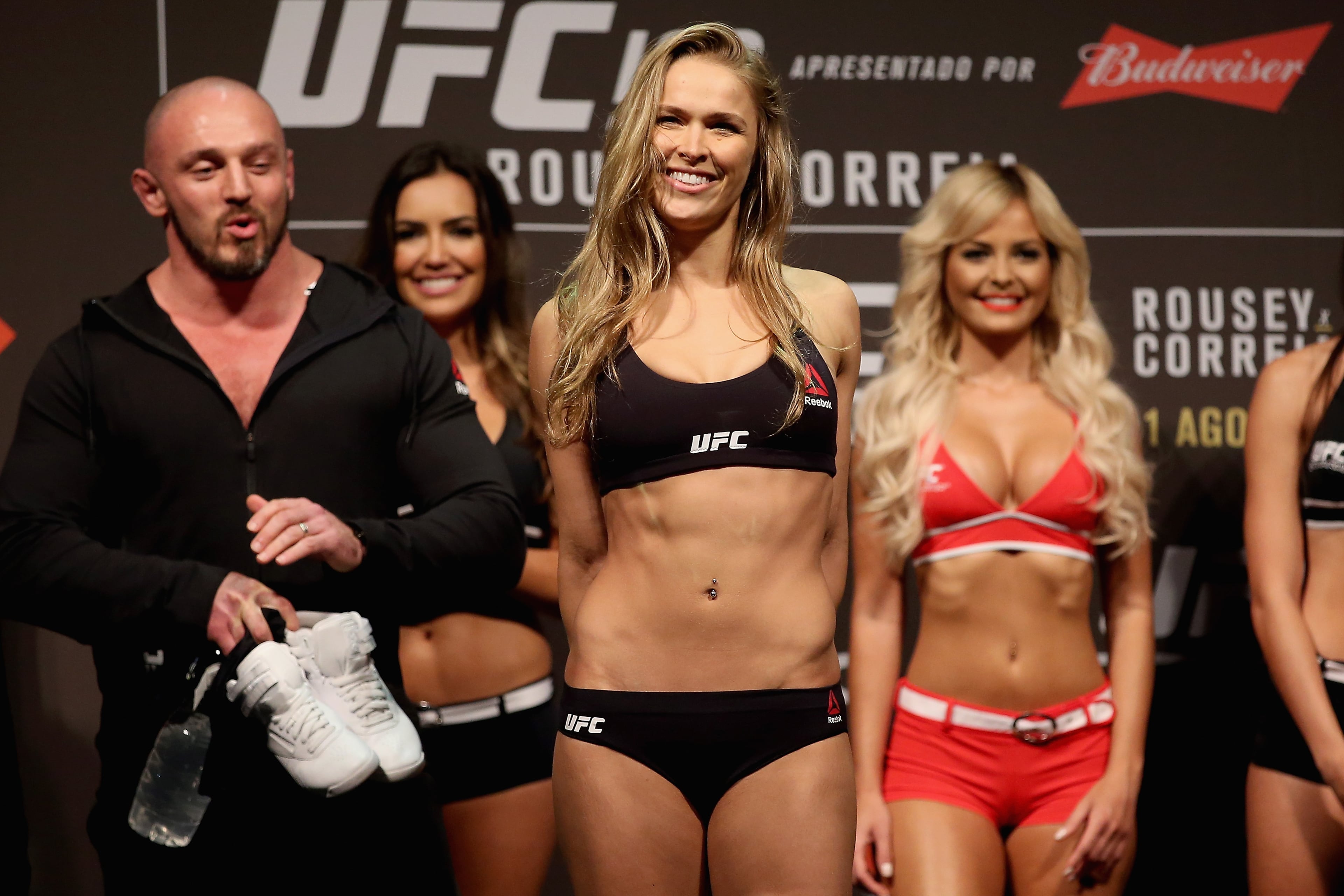 RIO DE JANEIRO, BRAZIL - JULY 31: UFC Strawweight Champion Ronda Rousey of the United States steps onto the scale during the UFC 190 Rousey v Correia weigh-in at HSBC Arena on July 31, 2015 in Rio de Janeiro, Brazil. (Photo by Matthew Stockman/Getty Images)