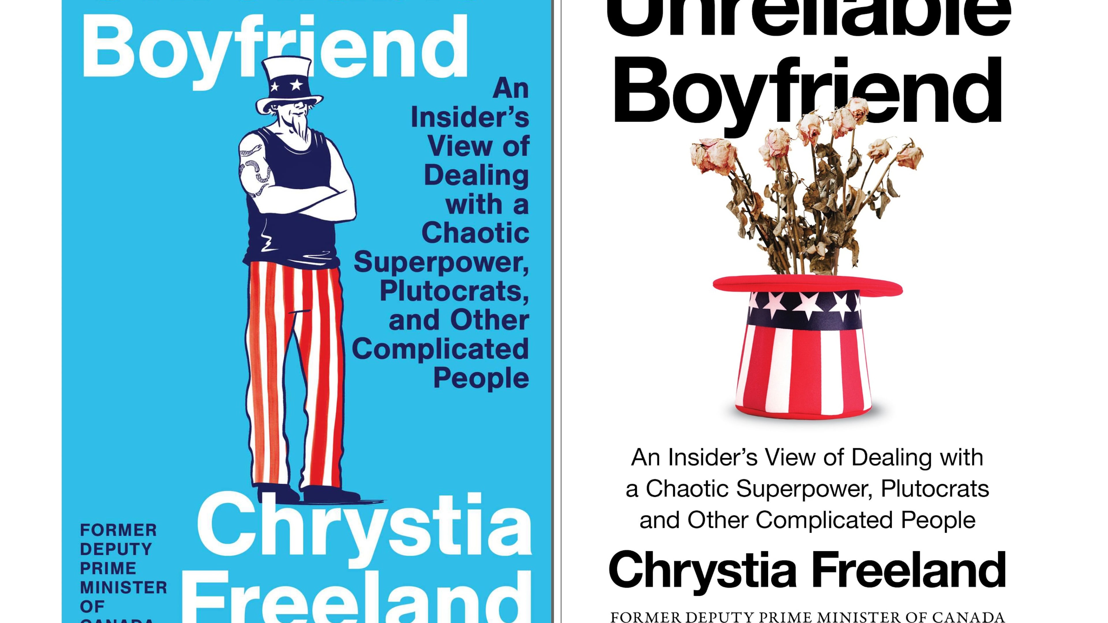 This combination of images shows cover art for the U.S. release of "Unreliable Boyfriend: An Insider's View of Dealing with a Chaotic Superpower, Plutocrats, and Other Complicated People," by Chrystia Freeland, left, and cover art for the Canadian release. (Simon & Schuster via AP)