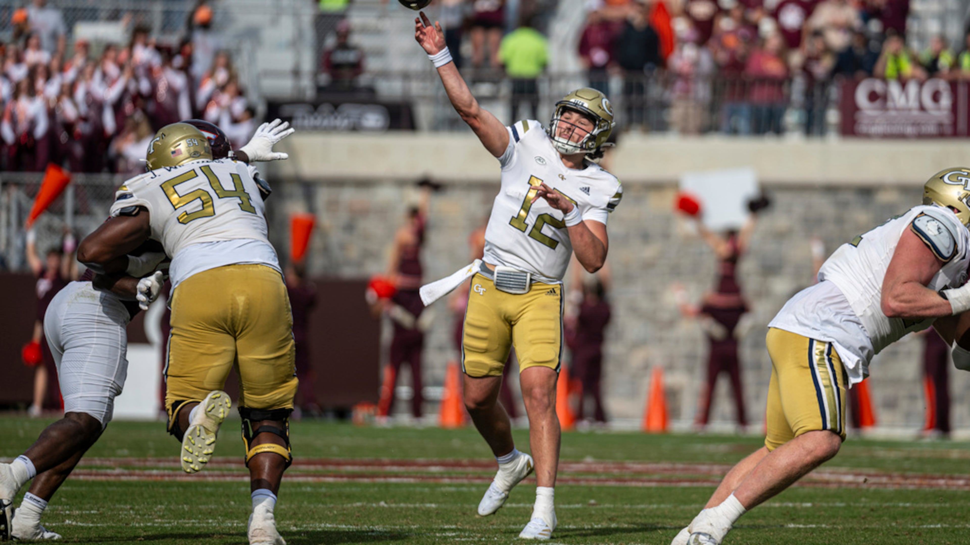Georgia Tech's Aaron Philo passes downfield against Virginia Tech during the second half of an NCAA college football game, in Blacksburg, Virginia. (Robert Simmons/AP 2024)