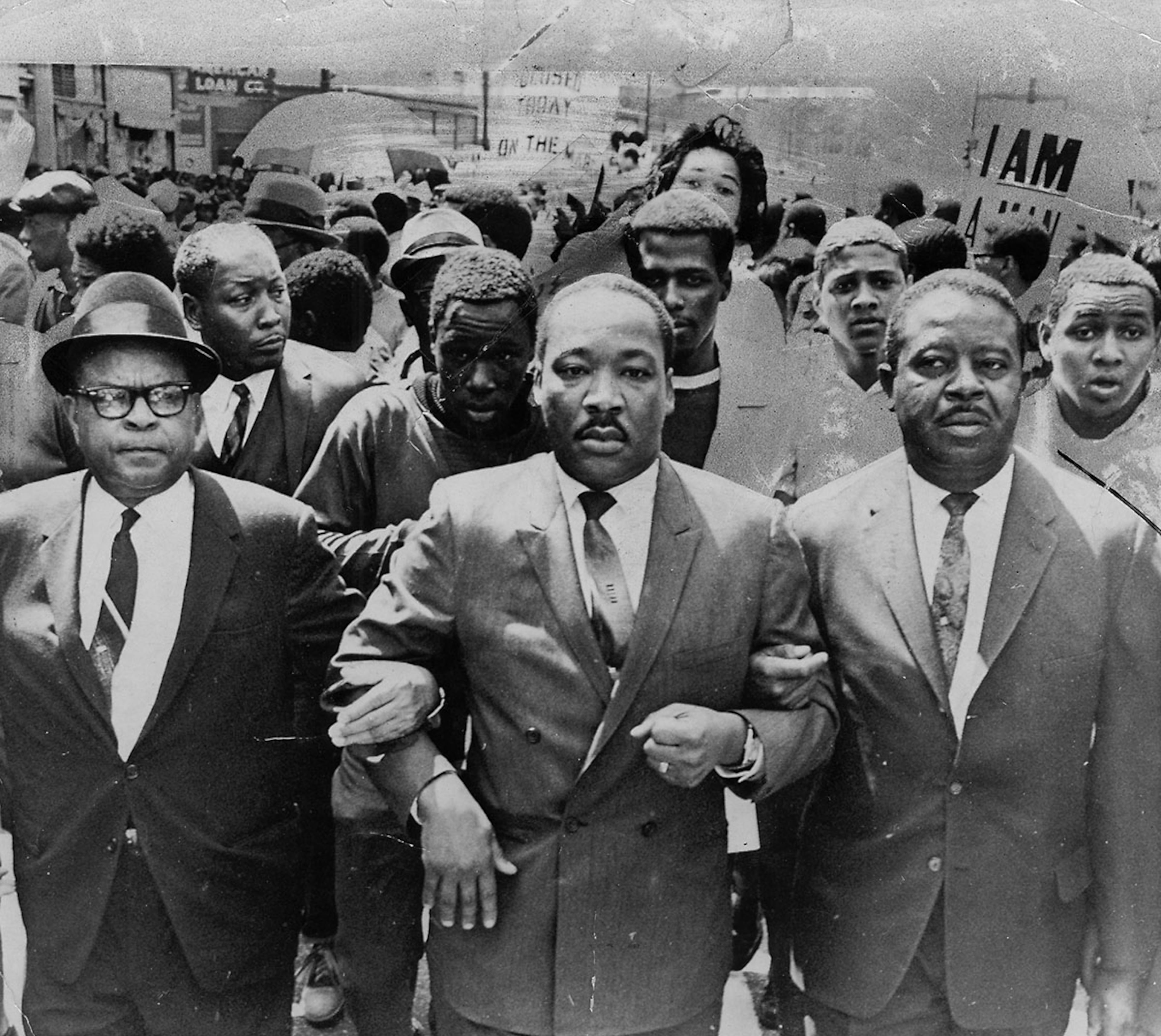 1968: Days before Martin Luther King, Jr.'s assassination, Abernathy marches with King and Bishop B. Julian Smith in Memphis, Tenn. (Jack Thornell / AP file)