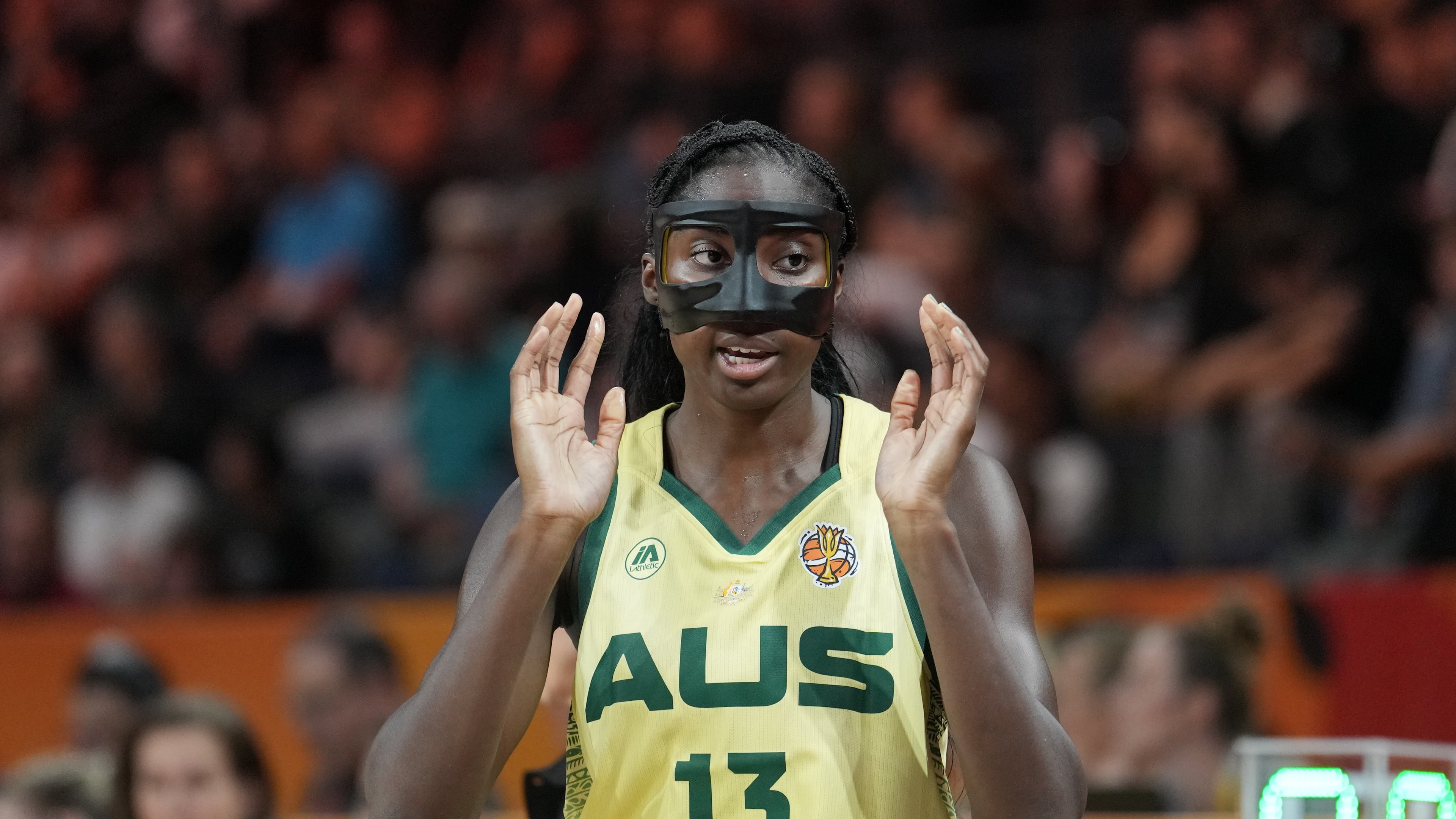 Australia's Ezi Magbegor reacts during the Women's Basketball World Cup match between Australia and Puerto Rico in Berlin, Friday, Sept. 4, 2026. (AP Photo/Ebrahim Noroozi)