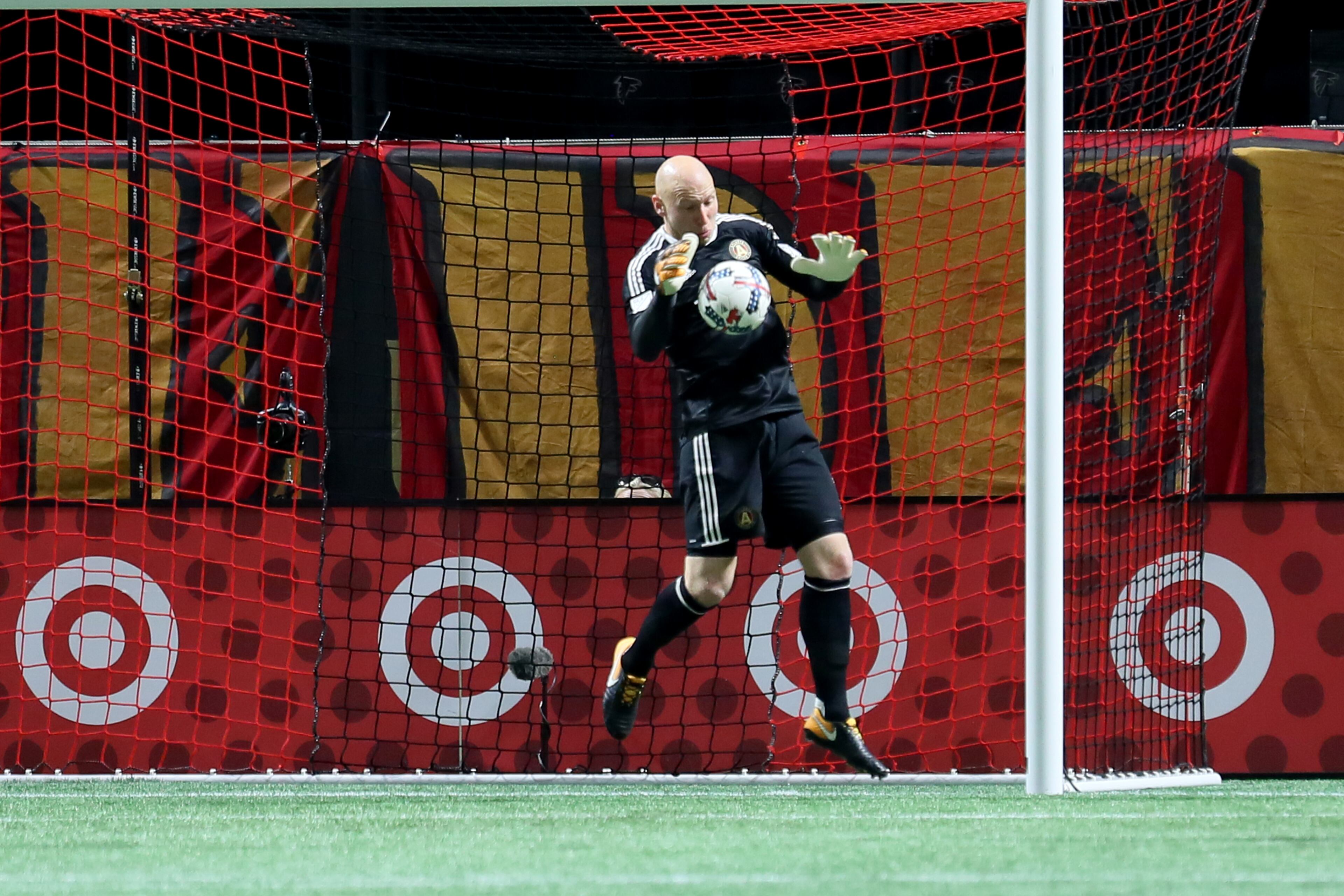 October 26, 2017. Atlanta United goalkeeper Brad Guzan makes a save during a play in the first half.