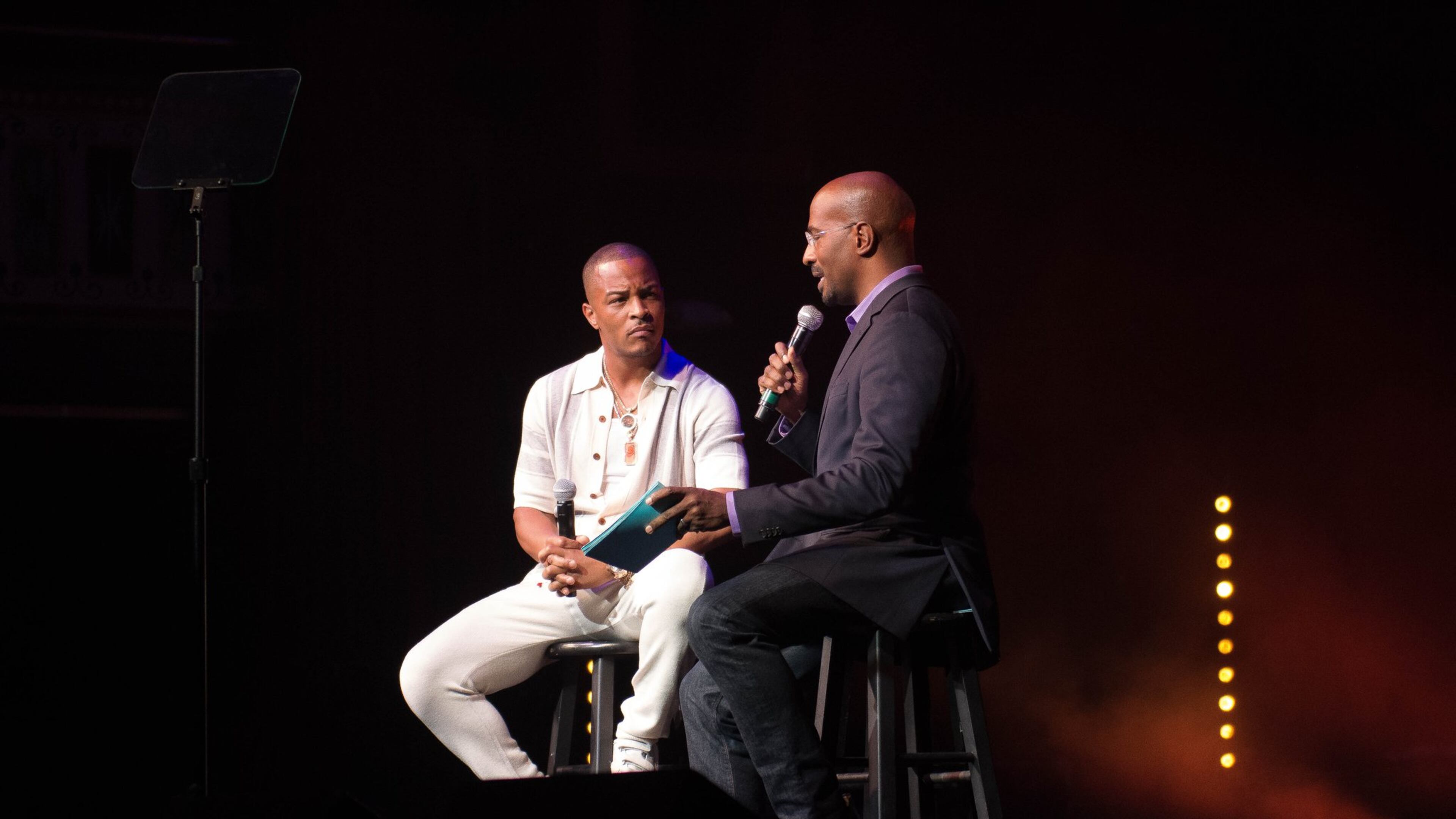 Atlanta rapper T.I., talking with activist and CNN commentator Van Jones at the “We Rise” event, peppered his insights with personal experiences and observations. T.I., who’s from Bankhead, noted to Jones that “most black people, at least where I’m from, we don’t get to go to college, we go to prison.” CONTRIBUTED BY HILLERY TERENZI