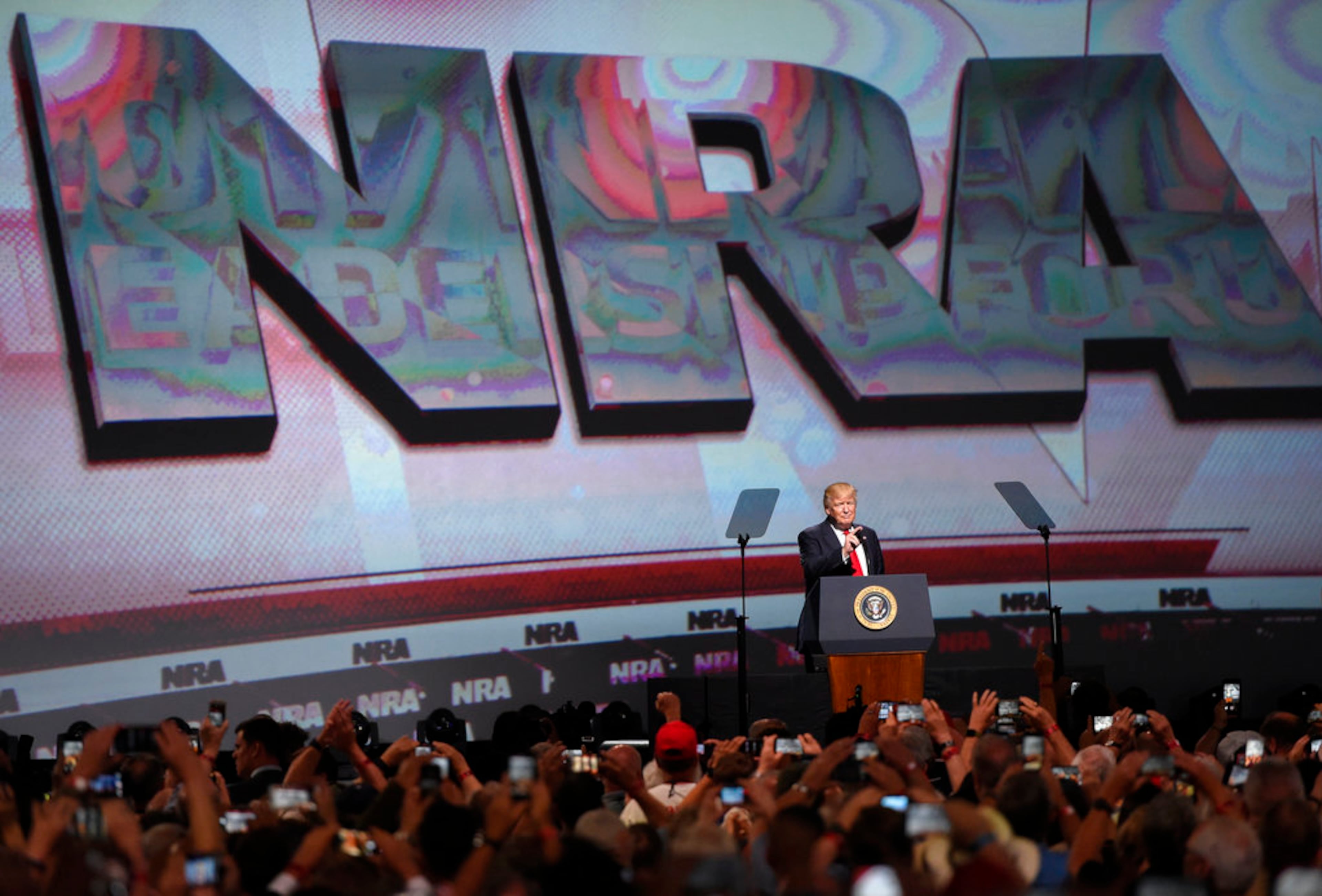 President Donald Trump, seen here speaking at the National Rifle Association-ILA Leadership Leadership Forum in 2017. (Mike Stewart/AP)