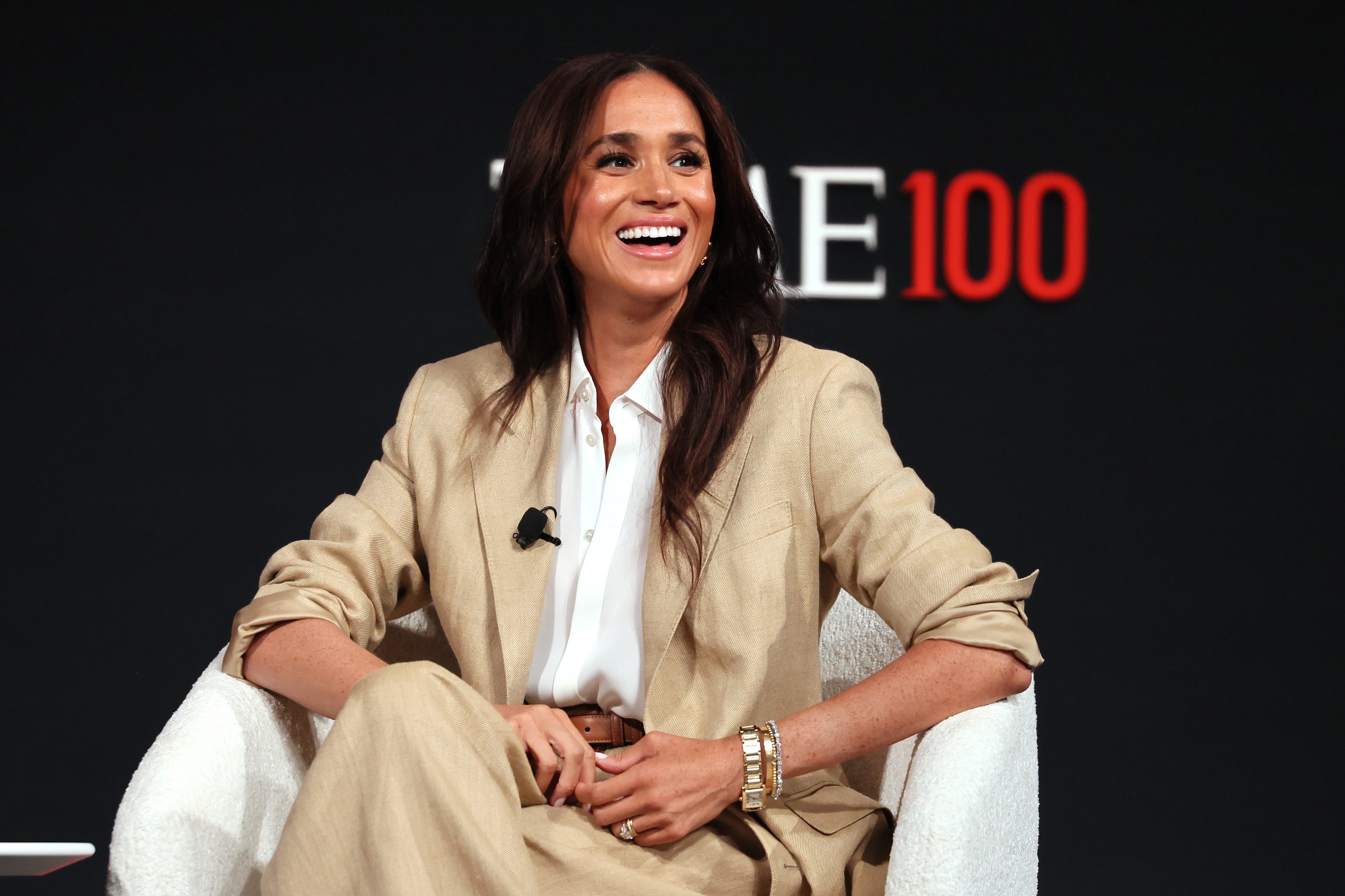 NEW YORK, NEW YORK - APRIL 23: Meghan, Duchess of Sussex, speaks onstage during the 2025 TIME100 Summit at Jazz at Lincoln Center on April 23, 2025 in New York City. (Photo by Jemal Countess/Getty Images for TIME)