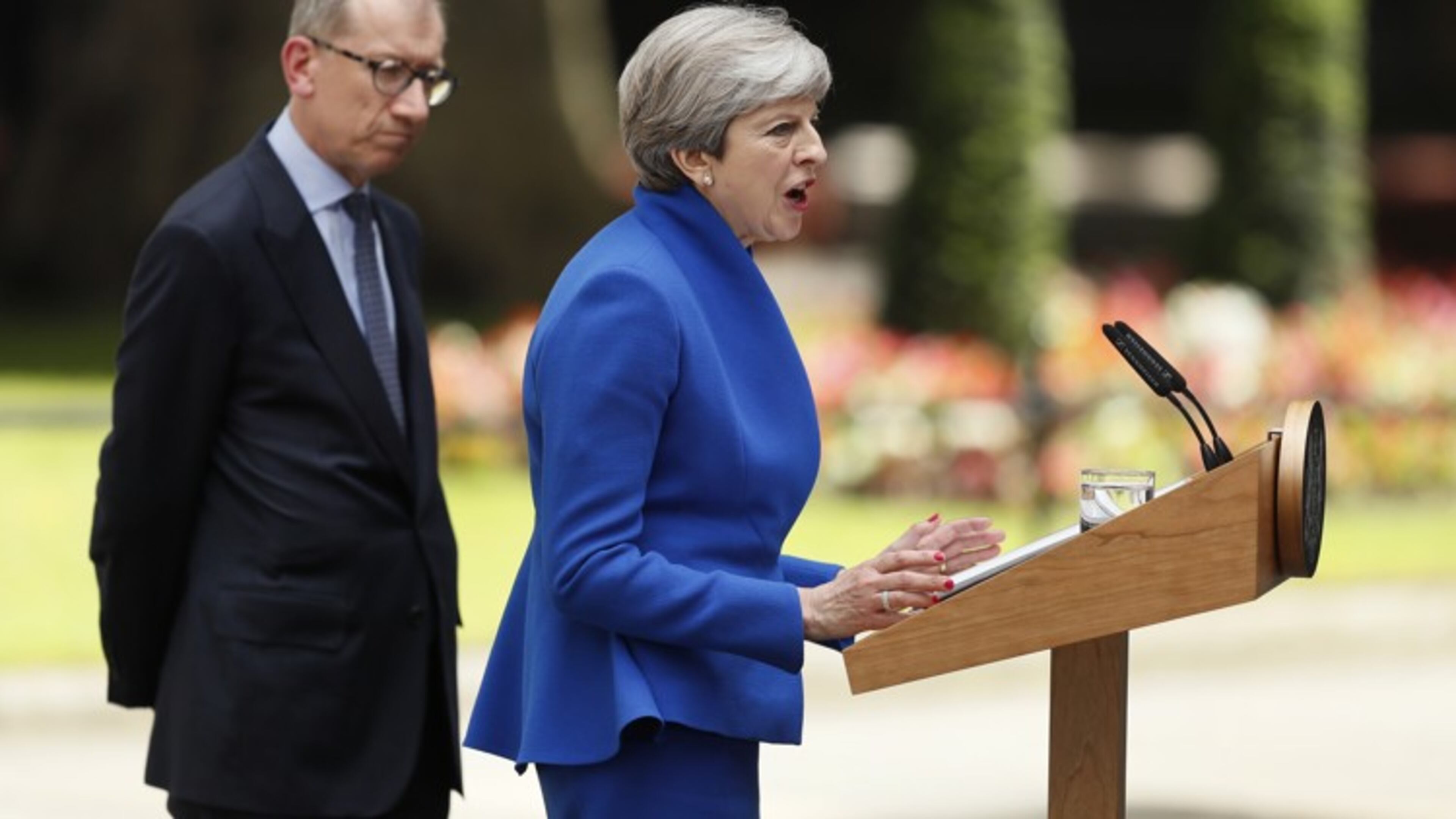 British Prime Minister Theresa May addresses the press Friday. May's gamble in calling an early election backfired spectacularly, as her Conservative Party lost its majority in Parliament. (AP Photo / Tim Ireland)