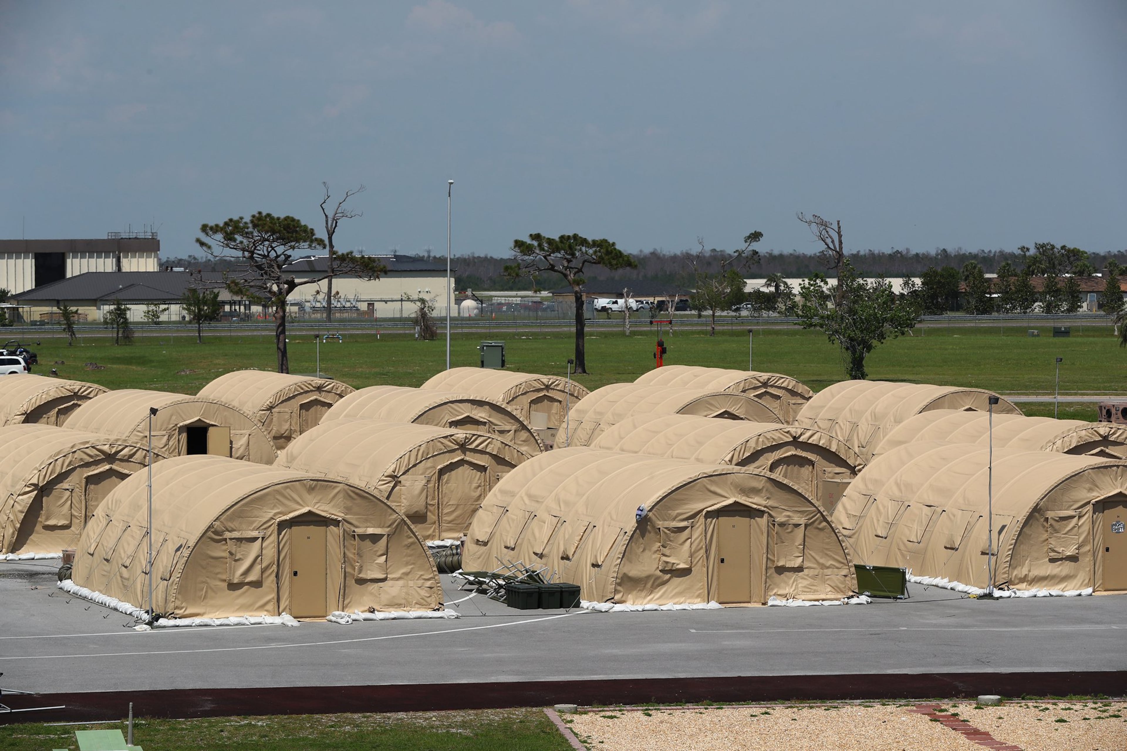 Dozens of tents were assembled at Tyndall Air Force Base near Panama City in Florida to house military personnel after Hurricane Michael damaged much of the living quarters.