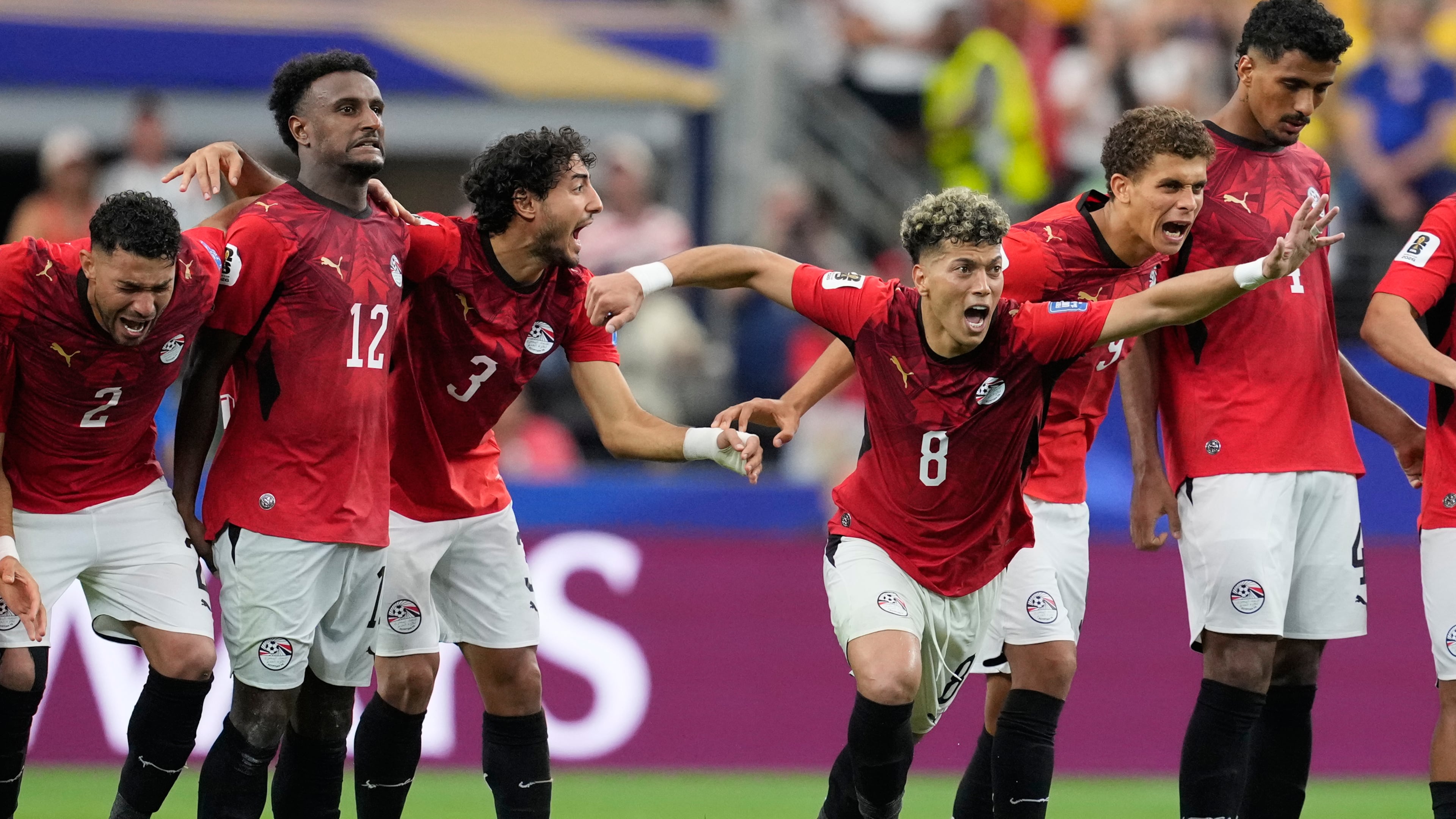 Egypt players react during a penalty shootout against Australia for the World Cup round of 32 soccer match in Arlington, Texas, near Dallas, Friday, July 3, 2026. (AP Photo/Tony Gutierrez)