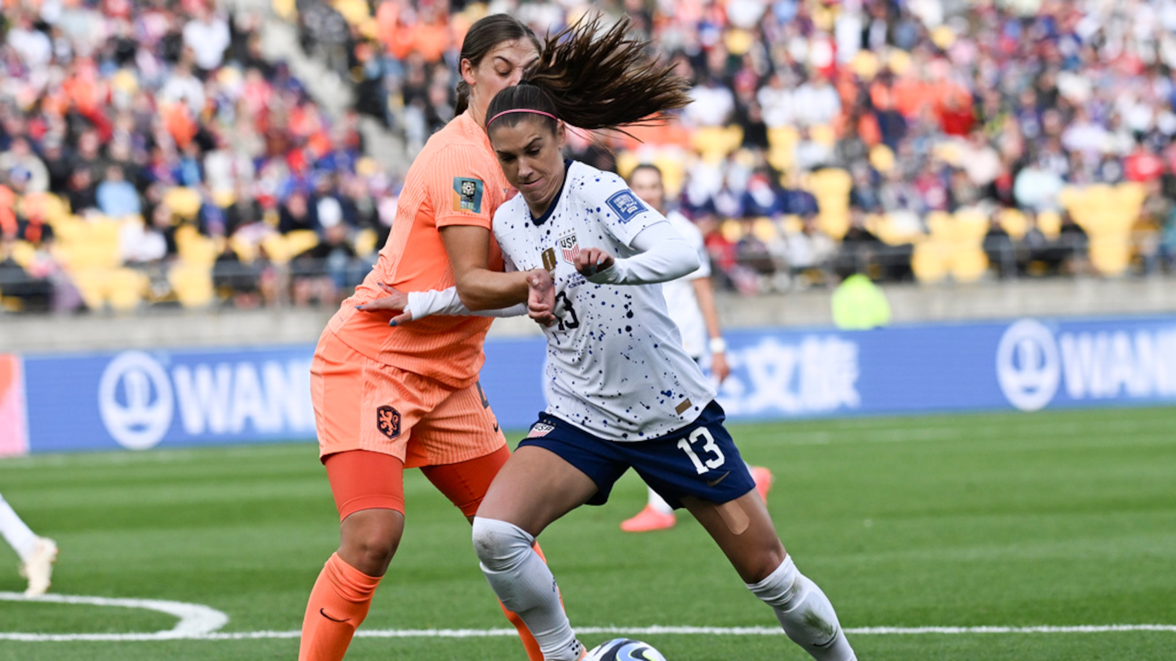 United States' Alex Morgan, right, and Netherlands' Aniek Nouwen battle for the ball during the Women's World Cup Group E soccer match between the United States and the Netherlands in Wellington, New Zealand, Thursday, July 27, 2023. (AP Photo/Andrew Cornaga)