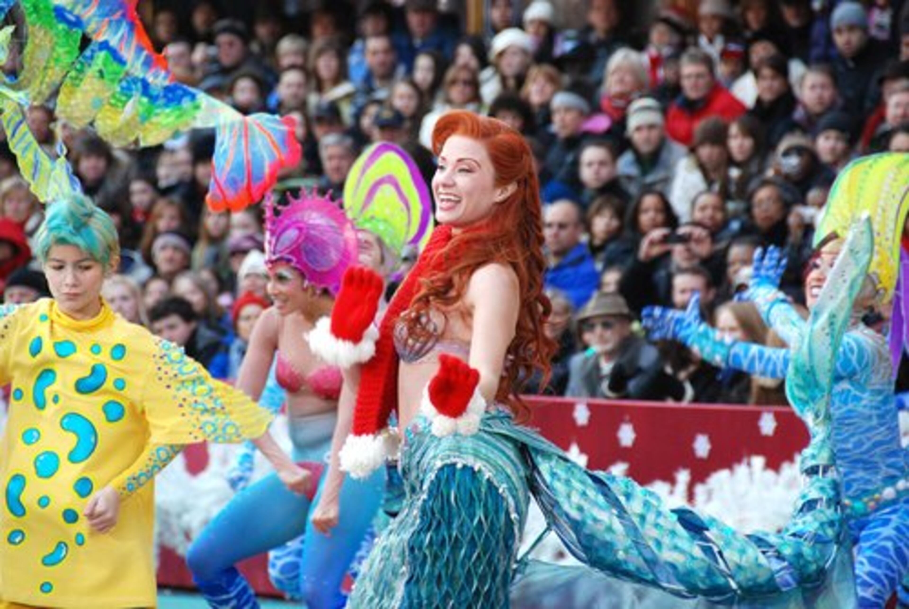 The annual parade also provides a coveted yearly spotlight for Broadway productions. Above, the cast of "The Little Mermaid' performs. Other casts scheduled to perform included "Hair," "In the Heights," "South Pacific" and "Irving Berlin's White Christmas."
