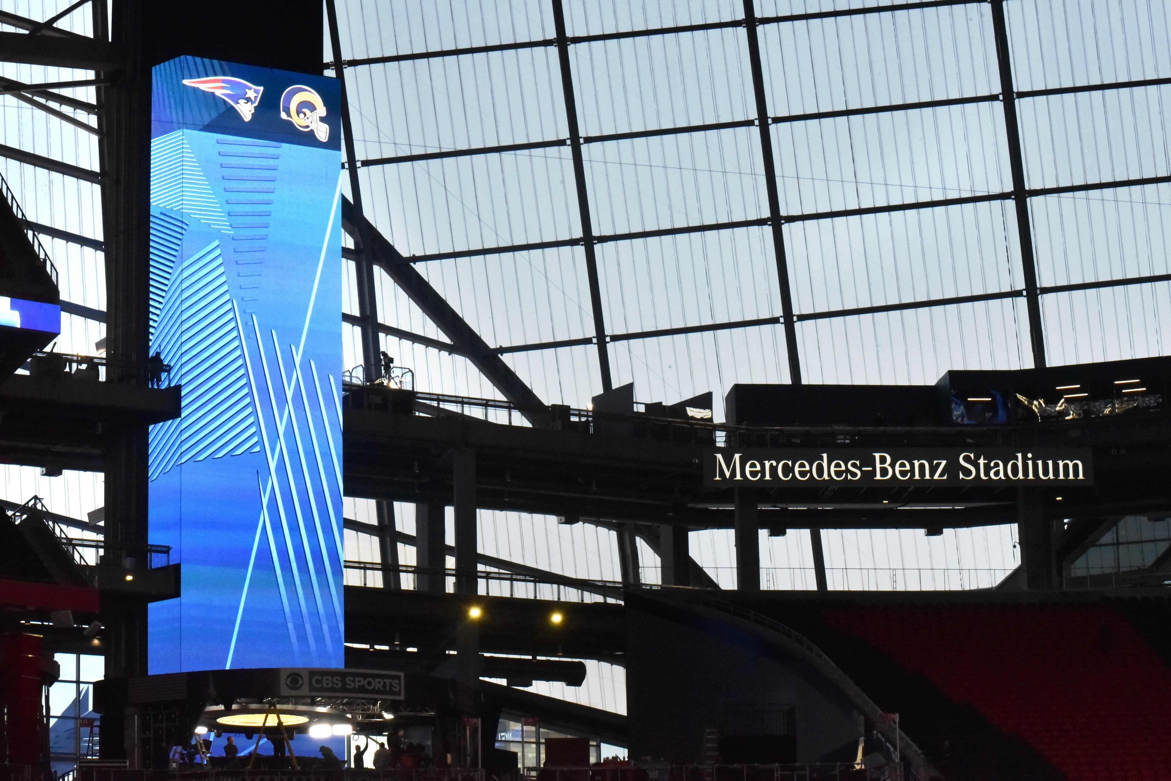 January 29, 2019 Atlanta - Stadium crew works inside Mercedes-Benz Stadium getting it ready for the Super Bowl LIII between New England Patriots and Los Angeles Rams on Tuesday, January 29, 2019. HYOSUB SHIN / HSHIN@AJC.COM
