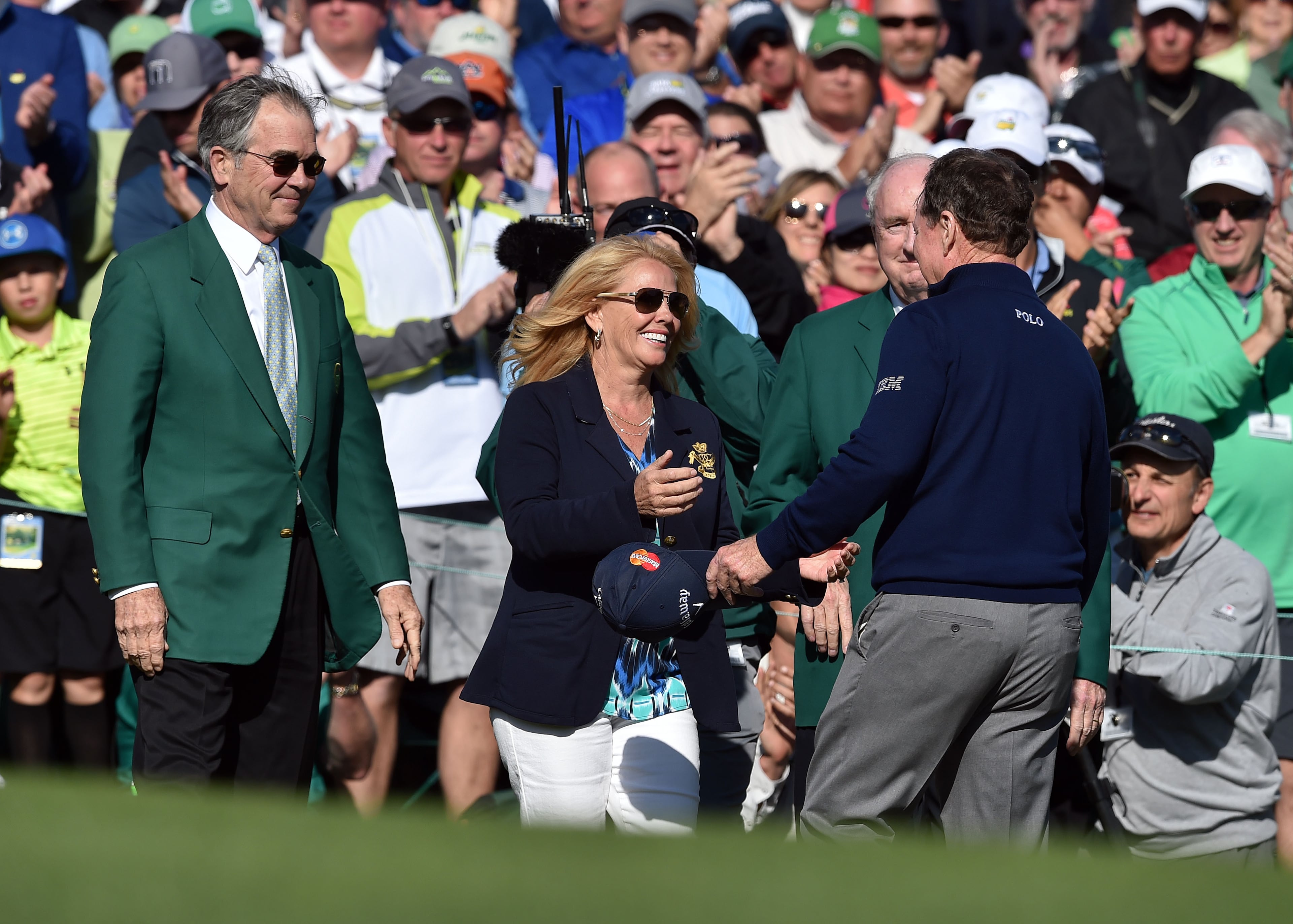 Tom Watson gets a hug and kiss from his wife, Hilary, on the 18th green following his round during the 80th Masters at the Augusta National Golf Club, Friday, April 8, 2016. This is Watson's final Masters. Brant Sanderlin/bsanderlin@ajc.com