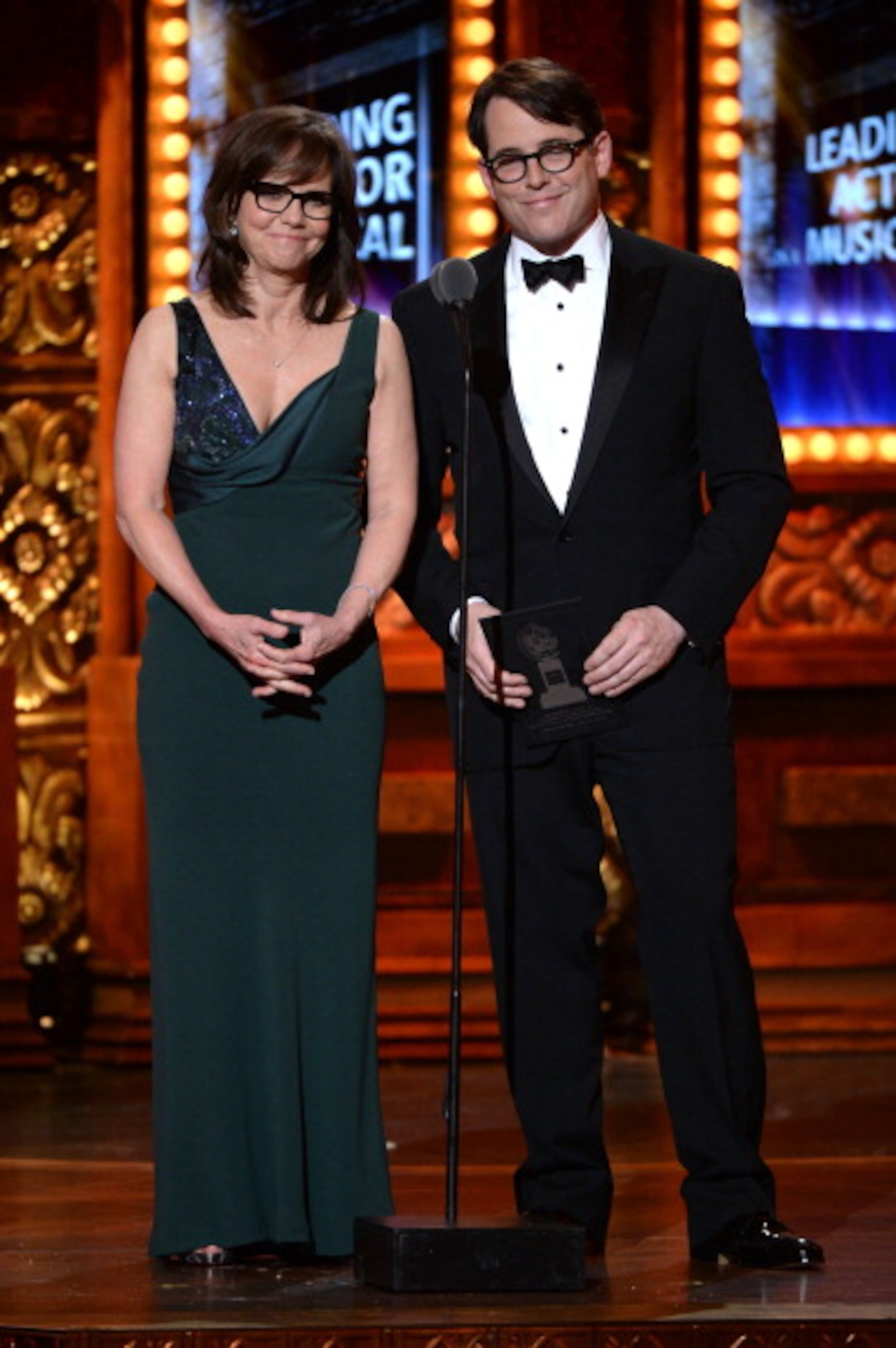 NEW YORK, NY - JUNE 09: Sally Field (L) and Matthew Broderick speak onstage at The 67th Annual Tony Awards at Radio City Music Hall on June 9, 2013 in New York City. (Photo by Andrew H. Walker/Getty Images for Tony Awards Productions)