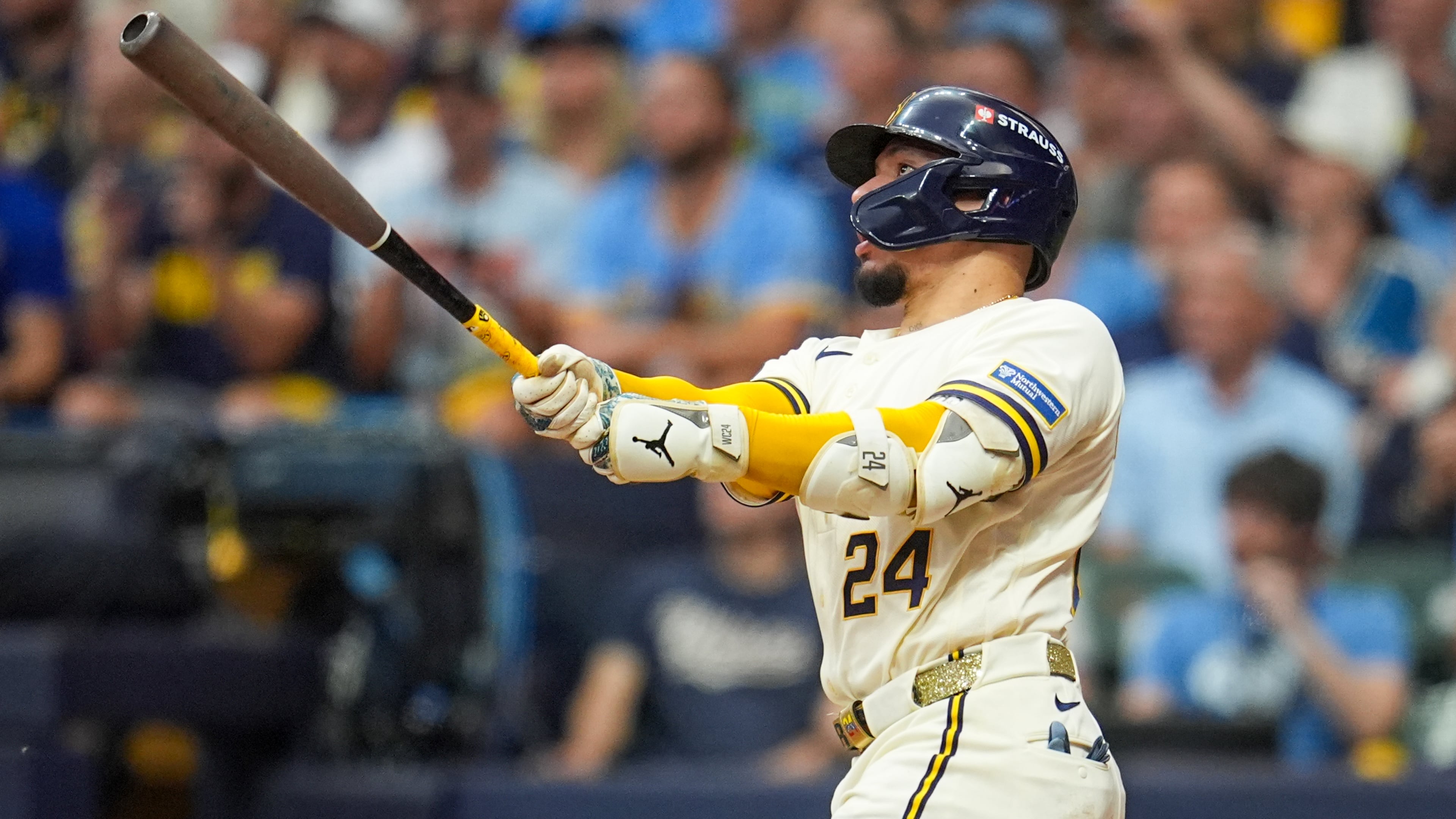 Brewers catcher William Contreras connects for a home run during Game 2 of their National League Championship Series against the Los Angeles Dodgers on Monday, Oct. 12, 2026, in Milwaukee. (Abbie Parr/AP)
