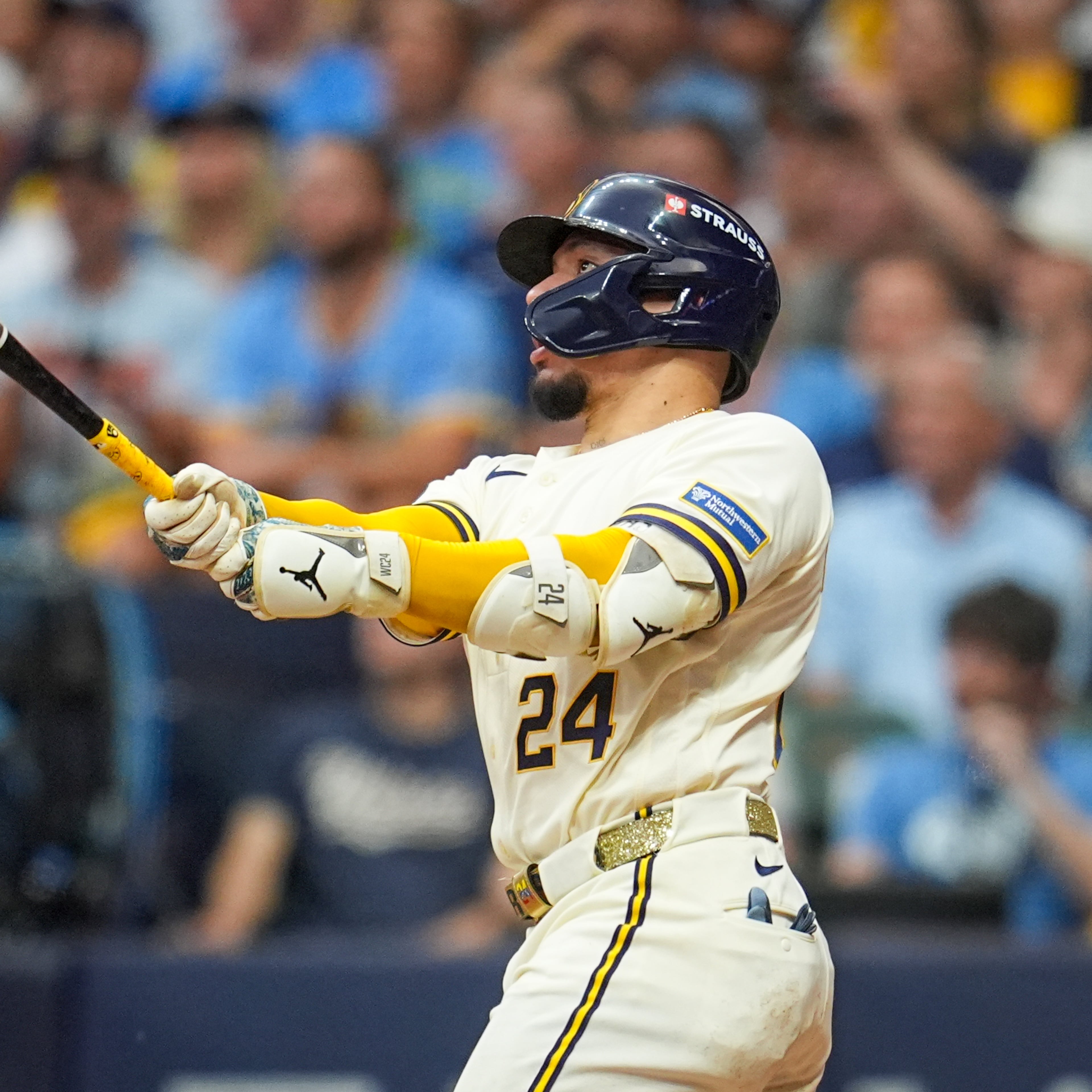 Brewers catcher William Contreras connects for a home run during Game 2 of their National League Championship Series against the Los Angeles Dodgers on Monday, Oct. 12, 2026, in Milwaukee. (Abbie Parr/AP)
