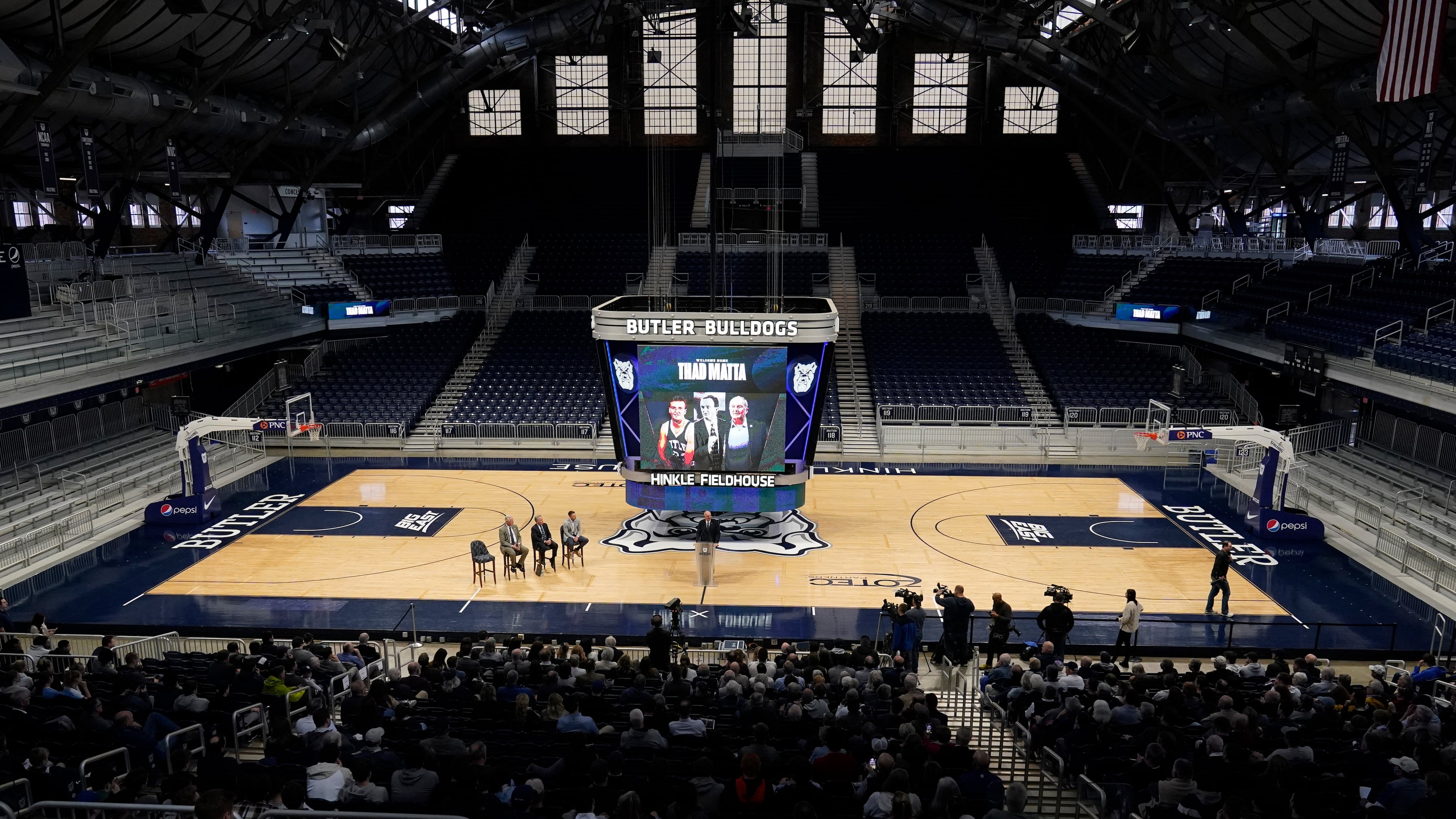 FILE - Butler's head coach Thad Matta speaks after he was introduced during an NCAA college basketball news conference at Hinkle Fieldhouse, April 6, 2022, in Indianapolis. (AP Photo/Darron Cummings, File)