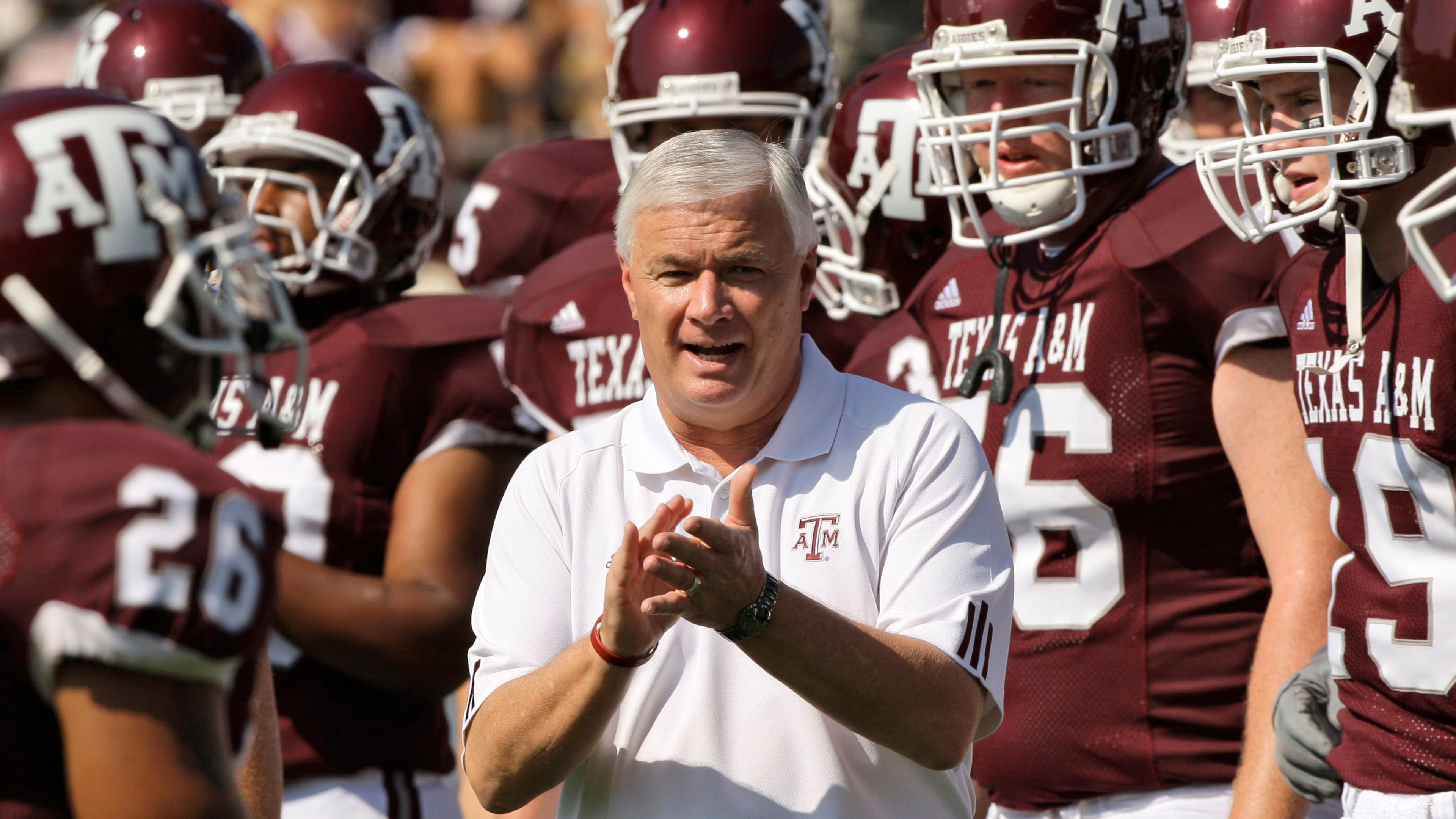 FILE - Texas A&M head coach Dennis Franchione watches his team warm up before their college football game against Baylor Saturday, Sept. 29, 2007 in College Station, Texas. (AP Photo/David J. Phillip, File)