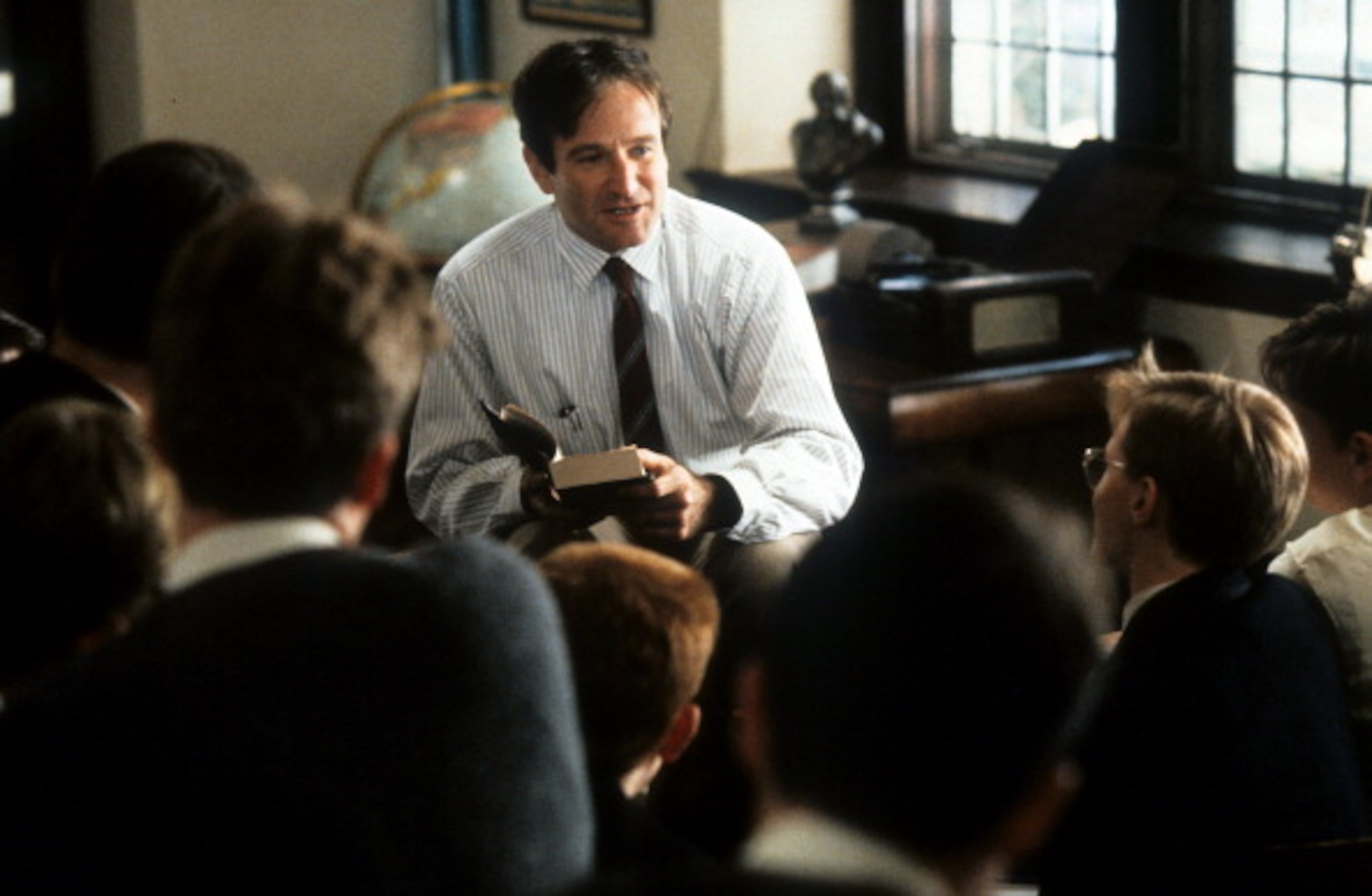 Robin Williams teaching a class in a scene from the film 'Dead Poets Society', 1989. (Photo by Touchstone Pictures/Getty Images)
