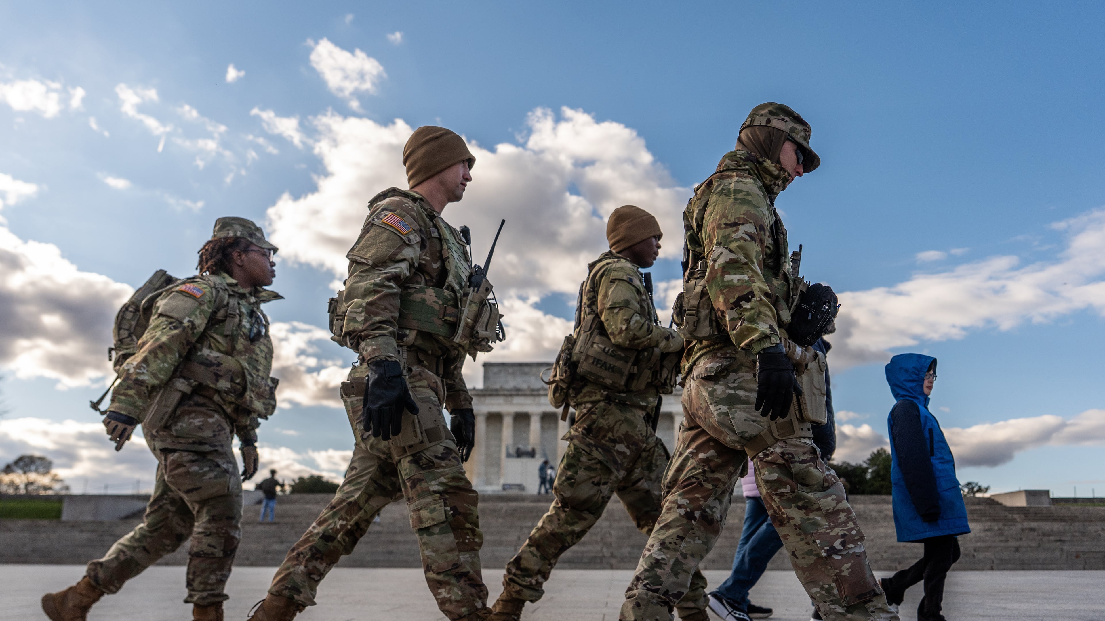 Members of the National Guard patrol in front of the Lincoln Memorial on the National Mall, Friday, Nov. 28, 2025, in Washington. (AP Photo/Julia Demaree Nikhinson)