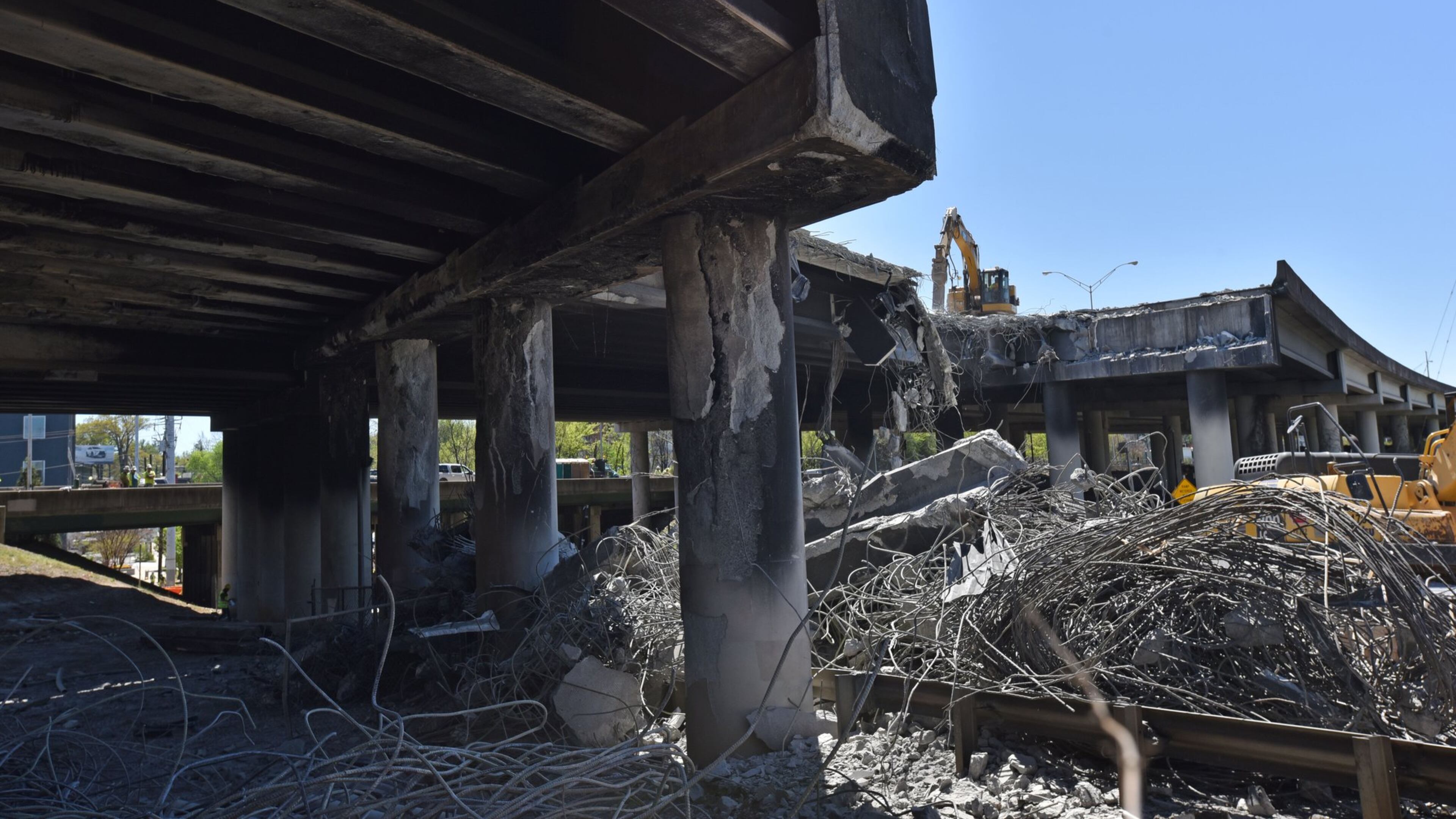Crews demolish a damaged section of I-85 bridge structures on Saturday, April 1, 2017. Necessary work is continuing on the damaged sections of I-85 bridge structures. This includes demolition of the existing failed and damaged structures - which includes two 350-foot sections of interstate, one section each in both the northbound and southbound lanes, totaling approximately 700 feet - as well as all reconstruction activities. HYOSUB SHIN / HSHIN@AJC.COM