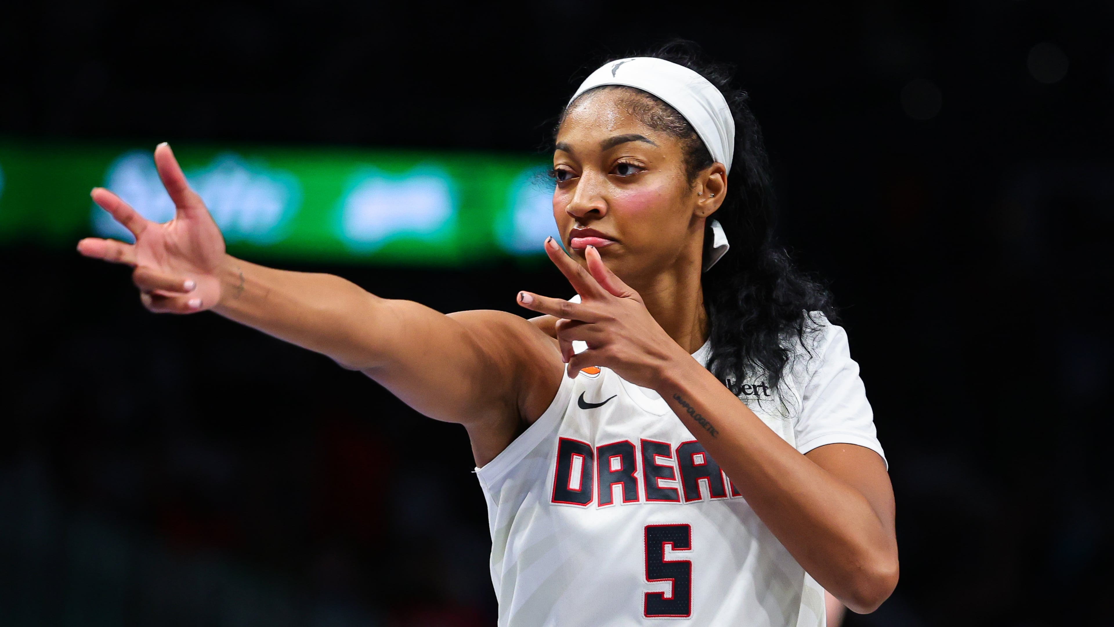 Dream forward Angel Reese celebrates a play during Game 1 of the WNBA semifinals against the New York Liberty on Sunday, Oct, 4, 2026, in Atlanta. (Colin Hubbard/AP)