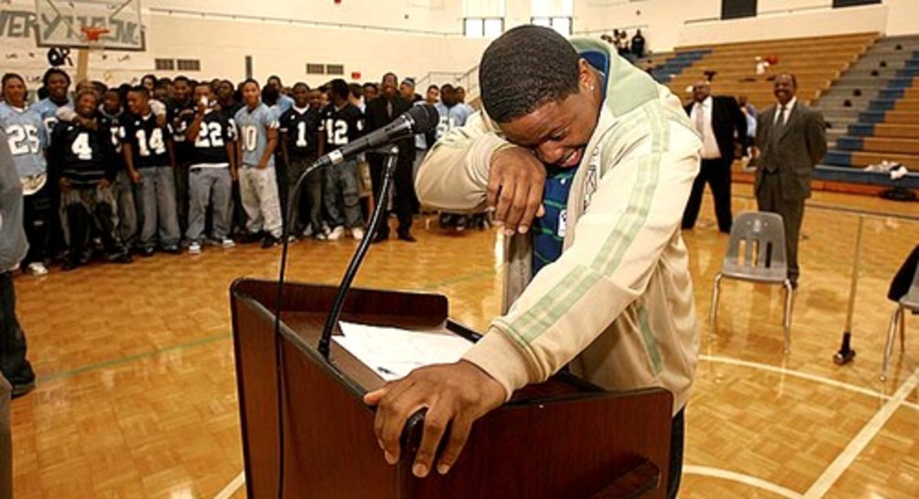 Choice tears up during his speech at the school gymnasium.