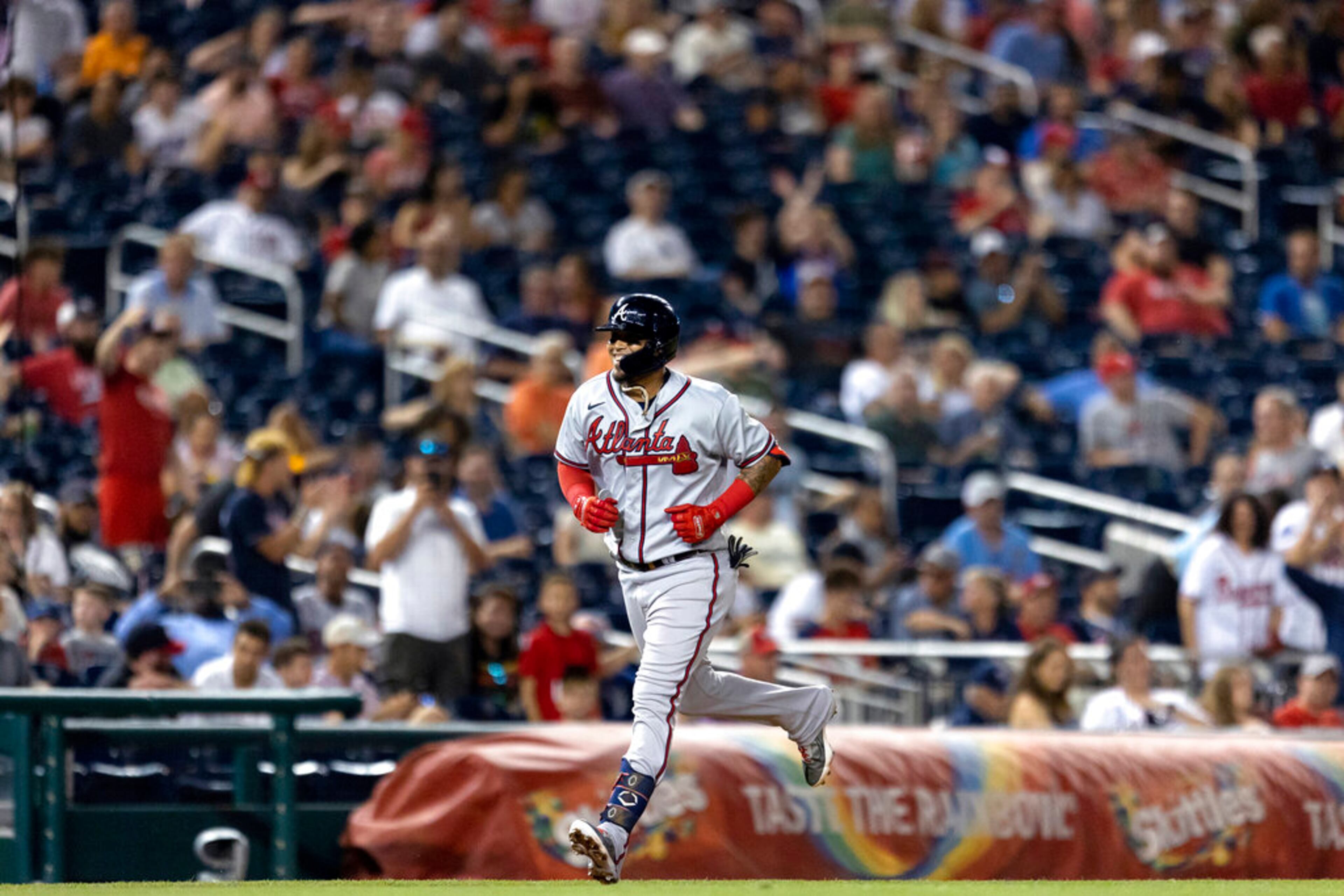 Atlanta Braves' Orlando Arcia runs the bases after hitting a home run during the sixth inning of the game against the Washington Nationals on Tuesday, June 14, 2022, in Washington. Arcia stepped in to play second base and replace Ozzie Albies, who is out for an estimated two months due to a broken foot. The Braves won 10-4. (AP Photo/Julia Nikhinson)