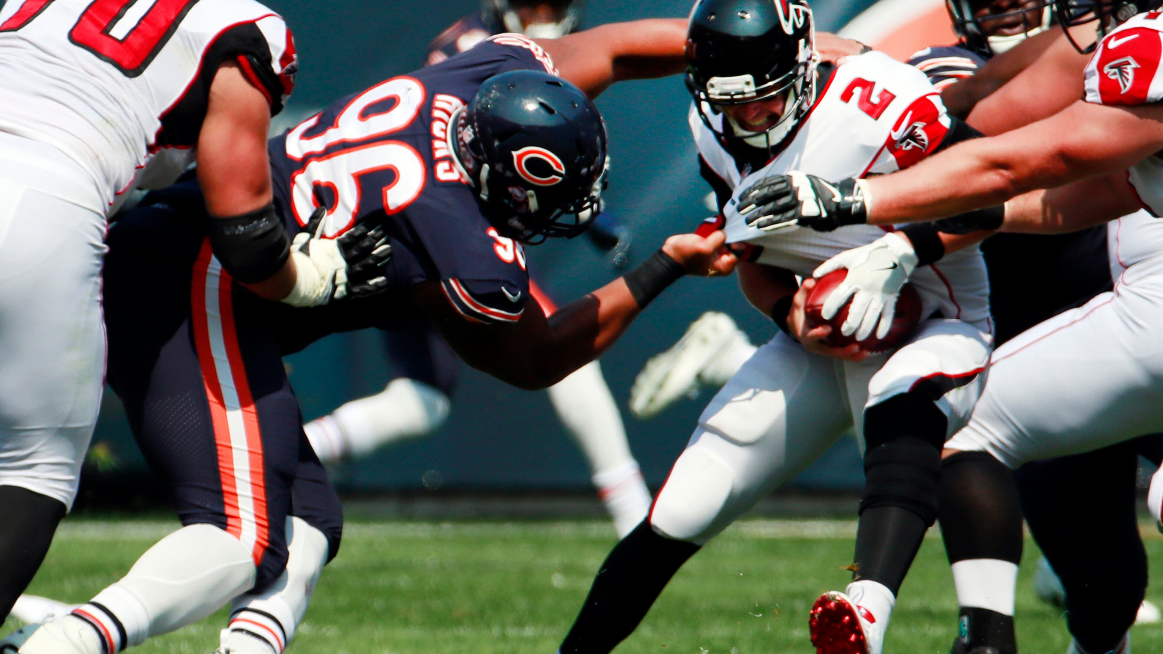 Chicago Bears defensive end Akiem Hicks sacks Atlanta Falcons quarterback Matt Ryan Sunday. That's OK, the Falcons won. (Nuccio DiNuzzo/Chicago Tribune/TNS)