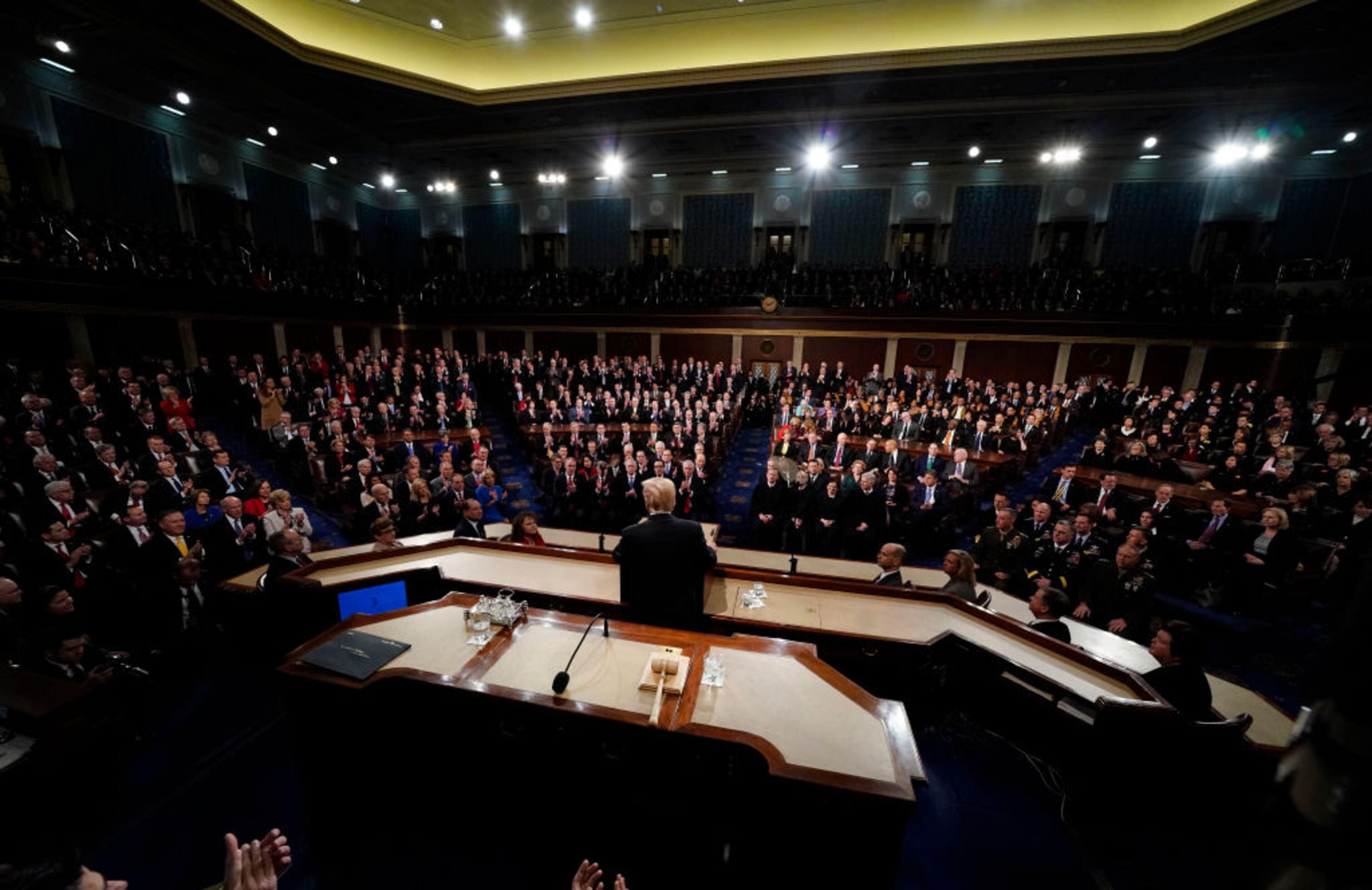 WASHINGTON, DC - JANUARY 30: U.S. President Donald Trump delivers his State of the Union address to a joint session of the U.S. Congress on Capitol Hill January 30, 2018 in Washington, DC. DC. This is the first State of the Union address for the president and his second joint-session address to Congress. (Photo by Jim Bourg-Pool/Getty Images)