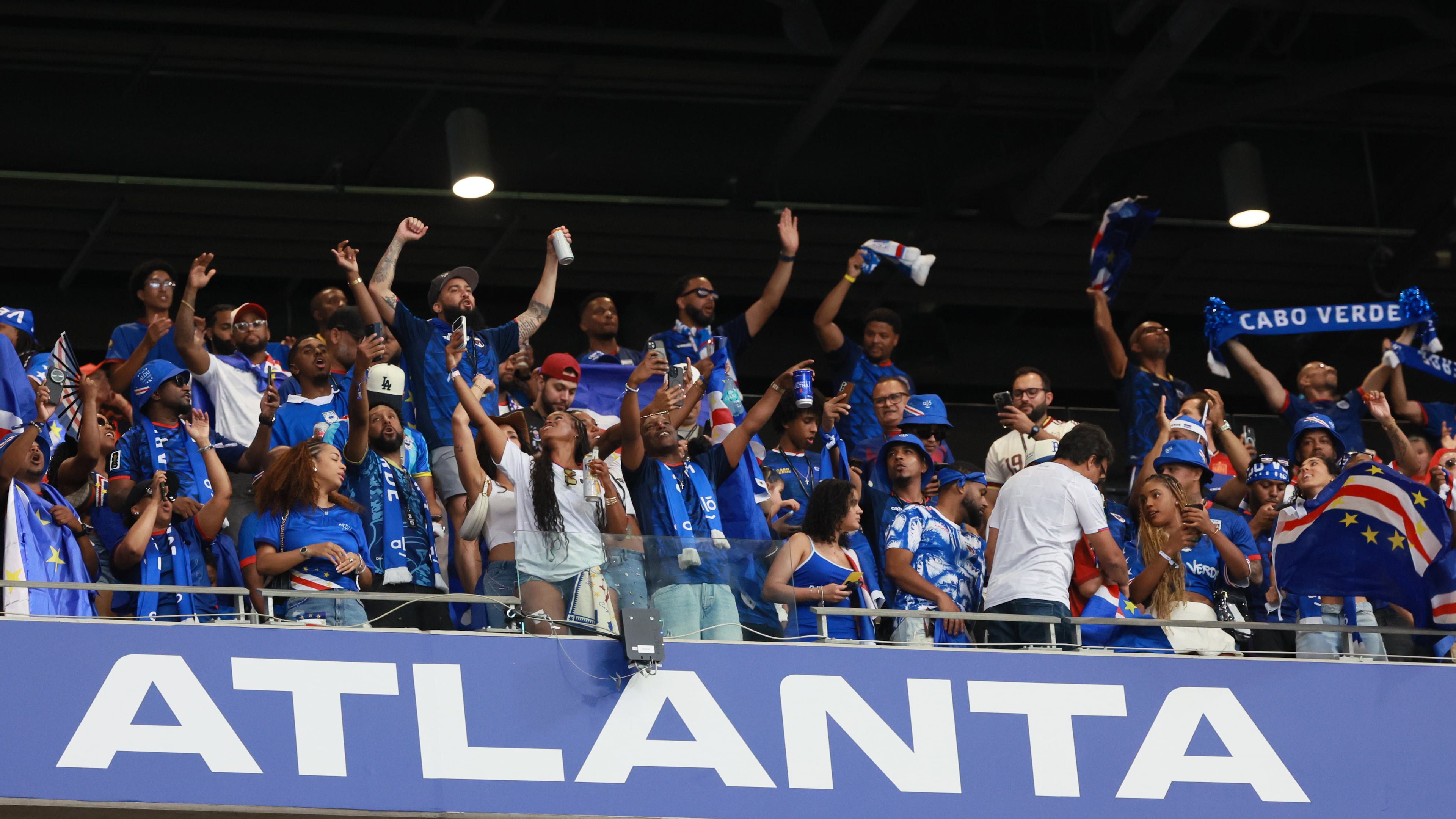 Cape Verde fans cheer their team before the start of the Spain vs. Cape Verde Group H match at Atlanta Stadium (Mercedes-Benz Stadium) on Monday, June 15, 2026. (Jason Getz/AJC)
