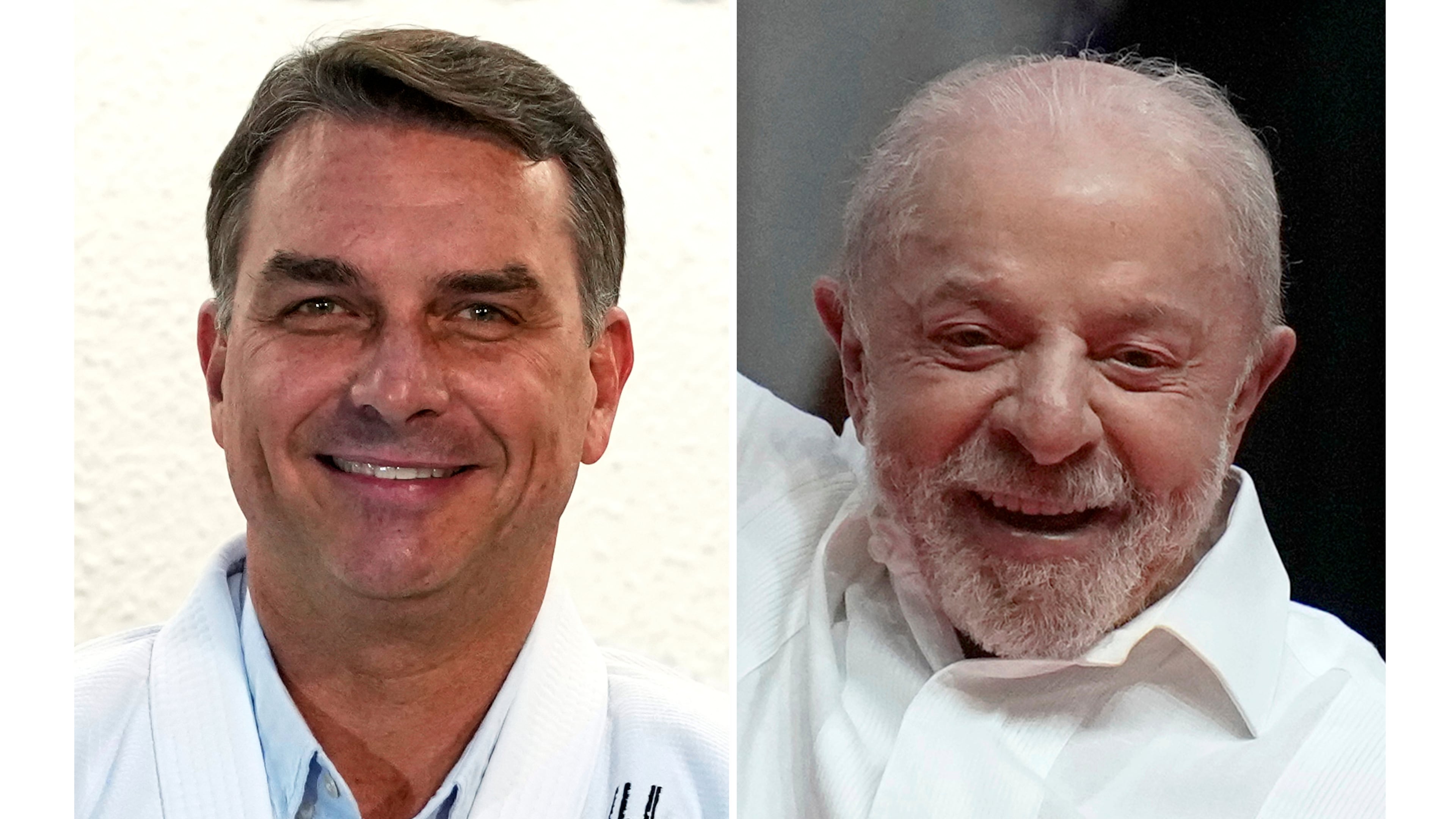 FILE - This combination of photos shows Flavio Bolsonaro, left, in Sao Paulo, on Sept. 29, 2026 and Luiz Inacio Lula da Silva in Rio de Janeiro, on Sept. 23, 2026. (AP Photo, File)