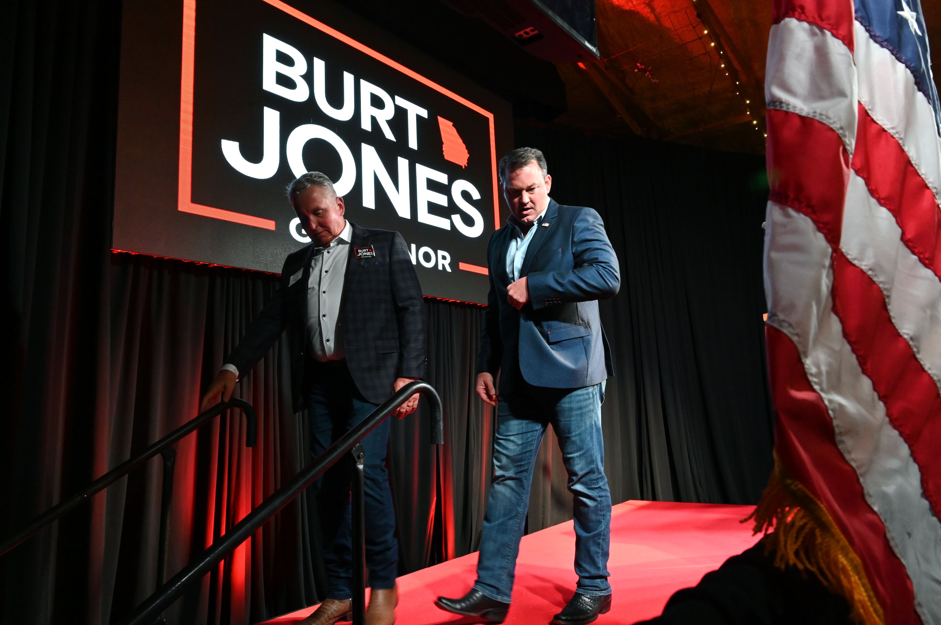 Georgia gubernatorial candidate Burt Jones leaves the stages after addressing supporters at his election-night watch party at The Rivers Ranch during Georgia’s primary runoff on Tuesday, June 16, 2026, in Jackson. (Hyosub Shin/AJC)