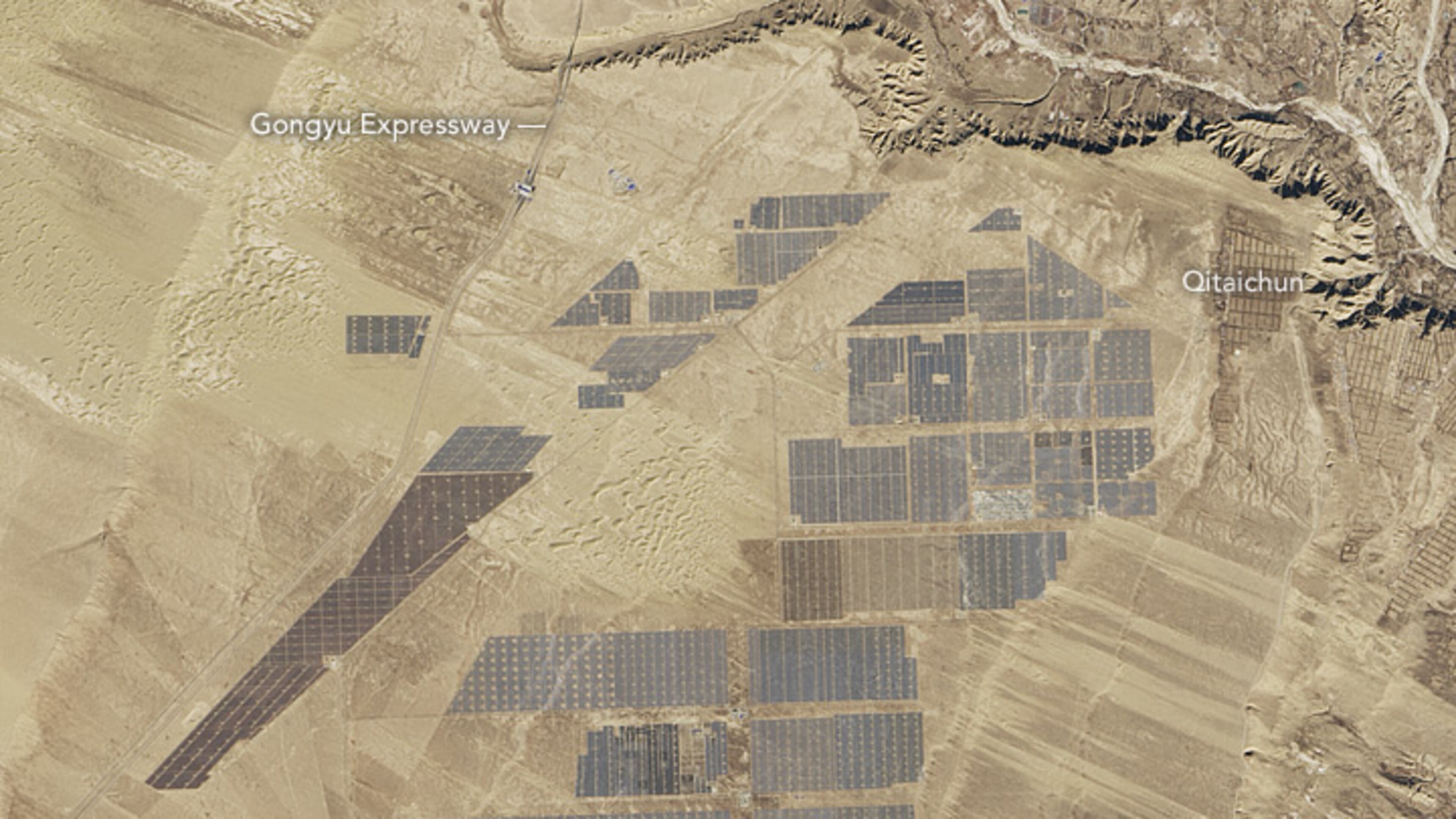 Longyangxia Dam facility, a solar farm that is filled with a sea of four million deep blue-colored photovoltaic panels in China.