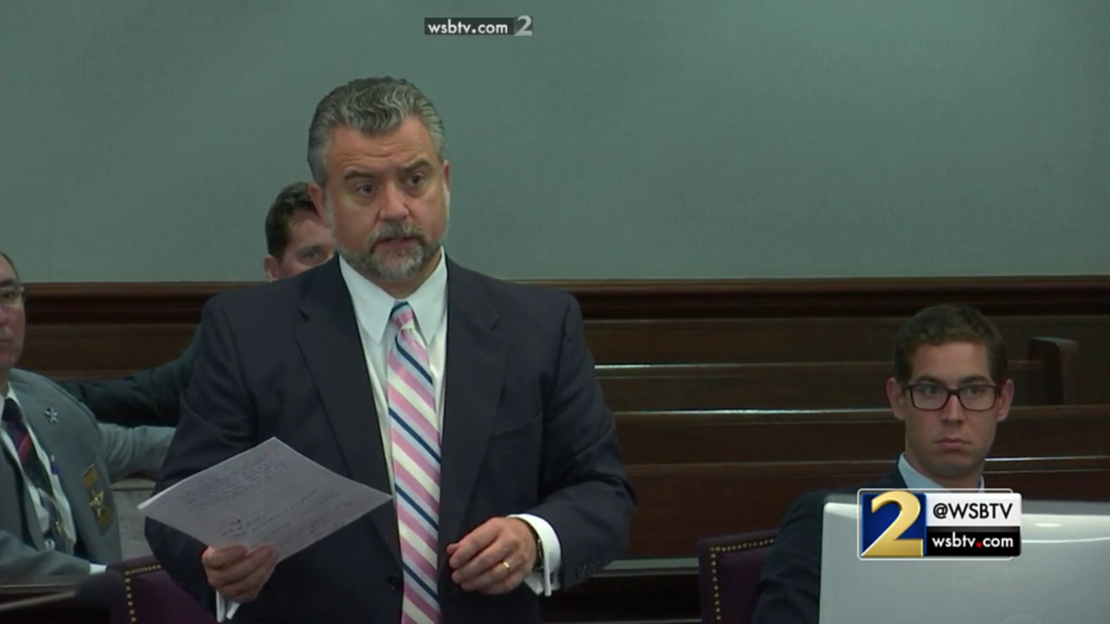 Defense attorney Maddox Kilgore expresses his concerns with the judge about allowing the jury to view Justin Ross Harris' SUV, during Harris' murder trial at the Glynn County Courthouse in Brunswick, Ga., on Tuesday, Oct. 25, 2016. (screen capture via WSB-TV)