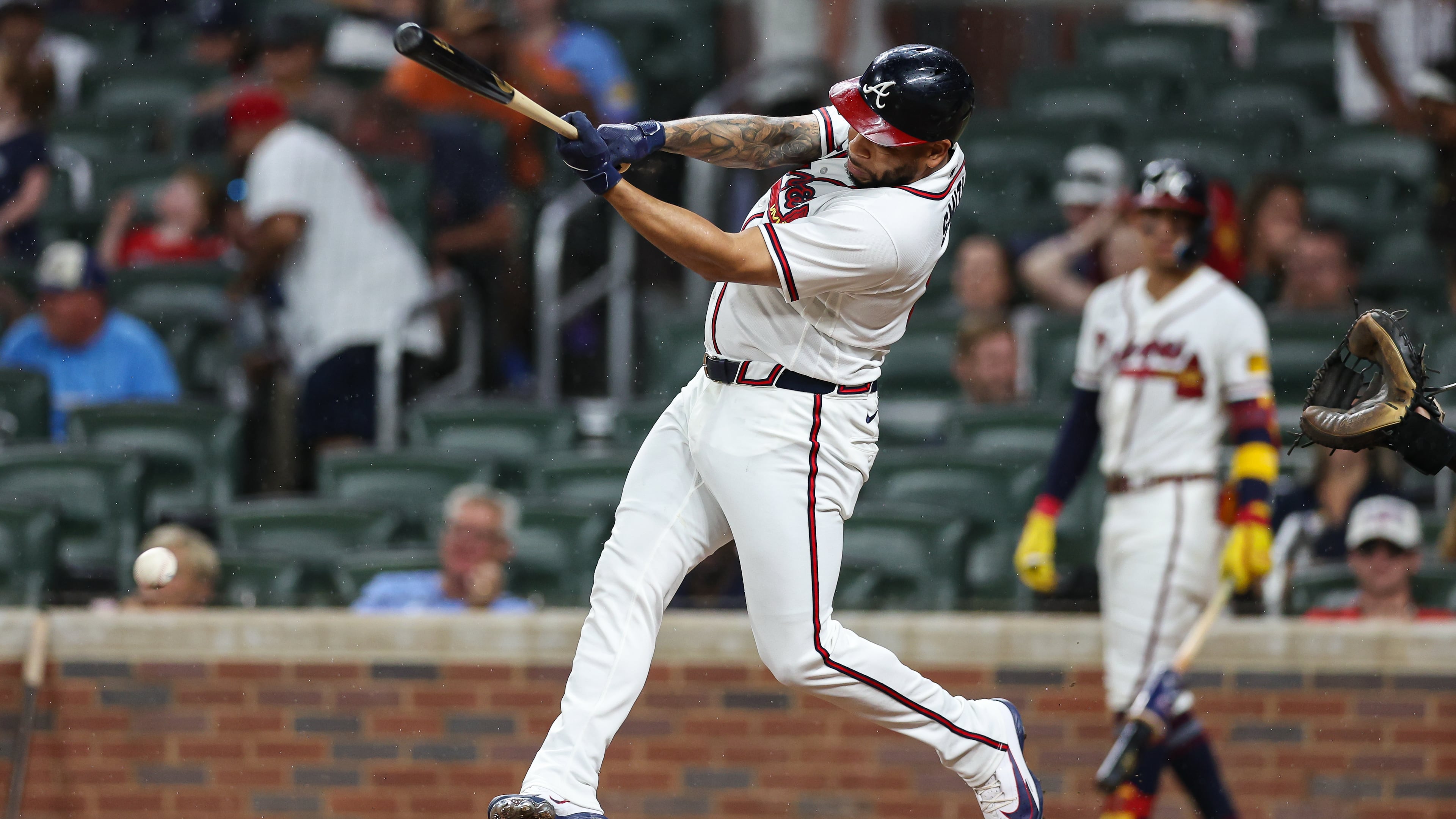 The Braves' Dominic Smith hits an RBI single in the eighth inning Wednesday, July 22, 2026, against the Padres in Atlanta. Smith had a three-run home run in the fourth inning Thursday that gave the Braves a 5-3 lead en route to their 6-5 victory. (Colin Hubbard/AP)