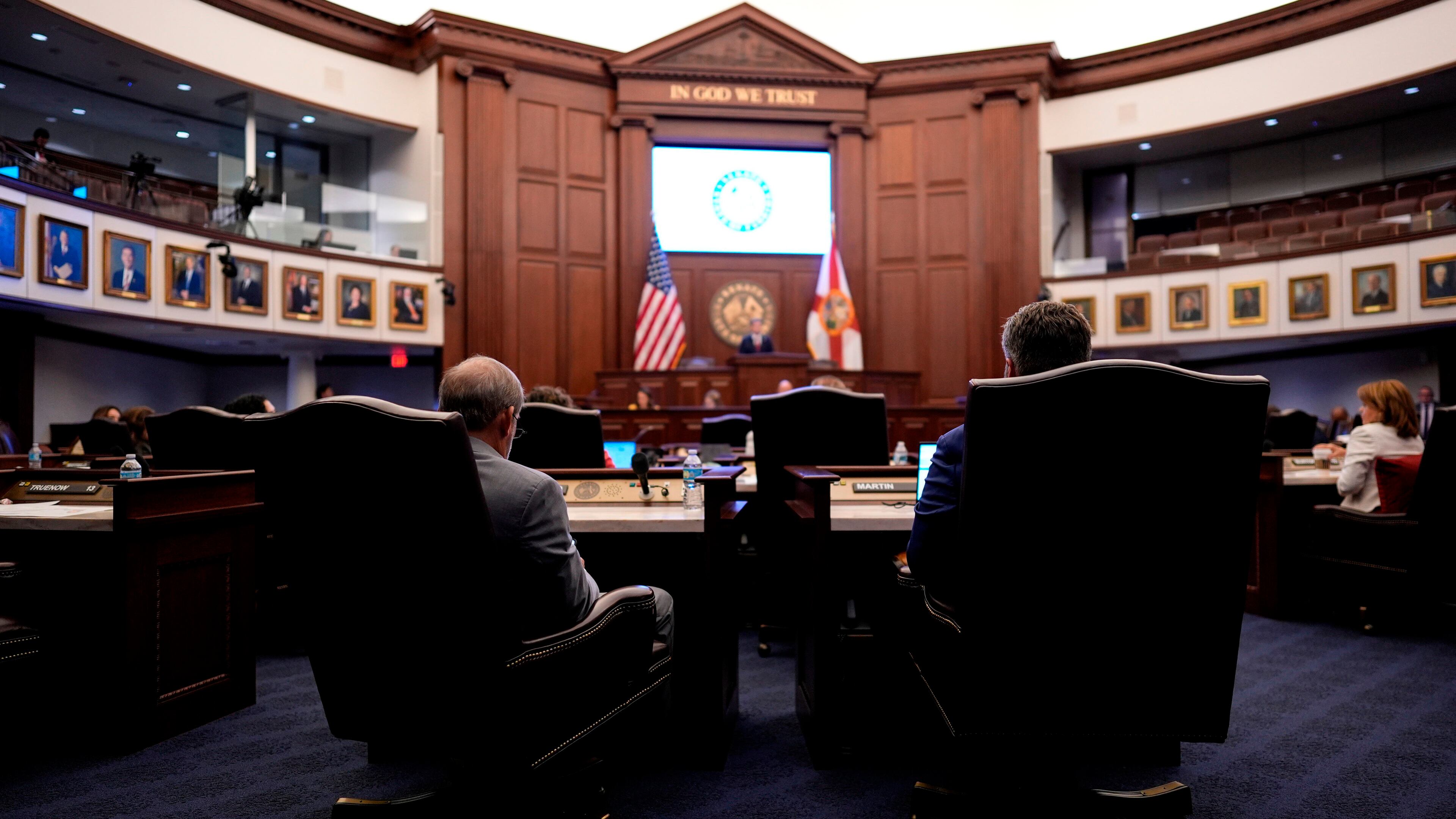 State Senators listen to debate on SB 8-D, a redistricting bill during a special session of the Florida Legislature, Wednesday, April 29, 2026, in Tallahassee, Fla. (AP Photo/Mike Stewart)