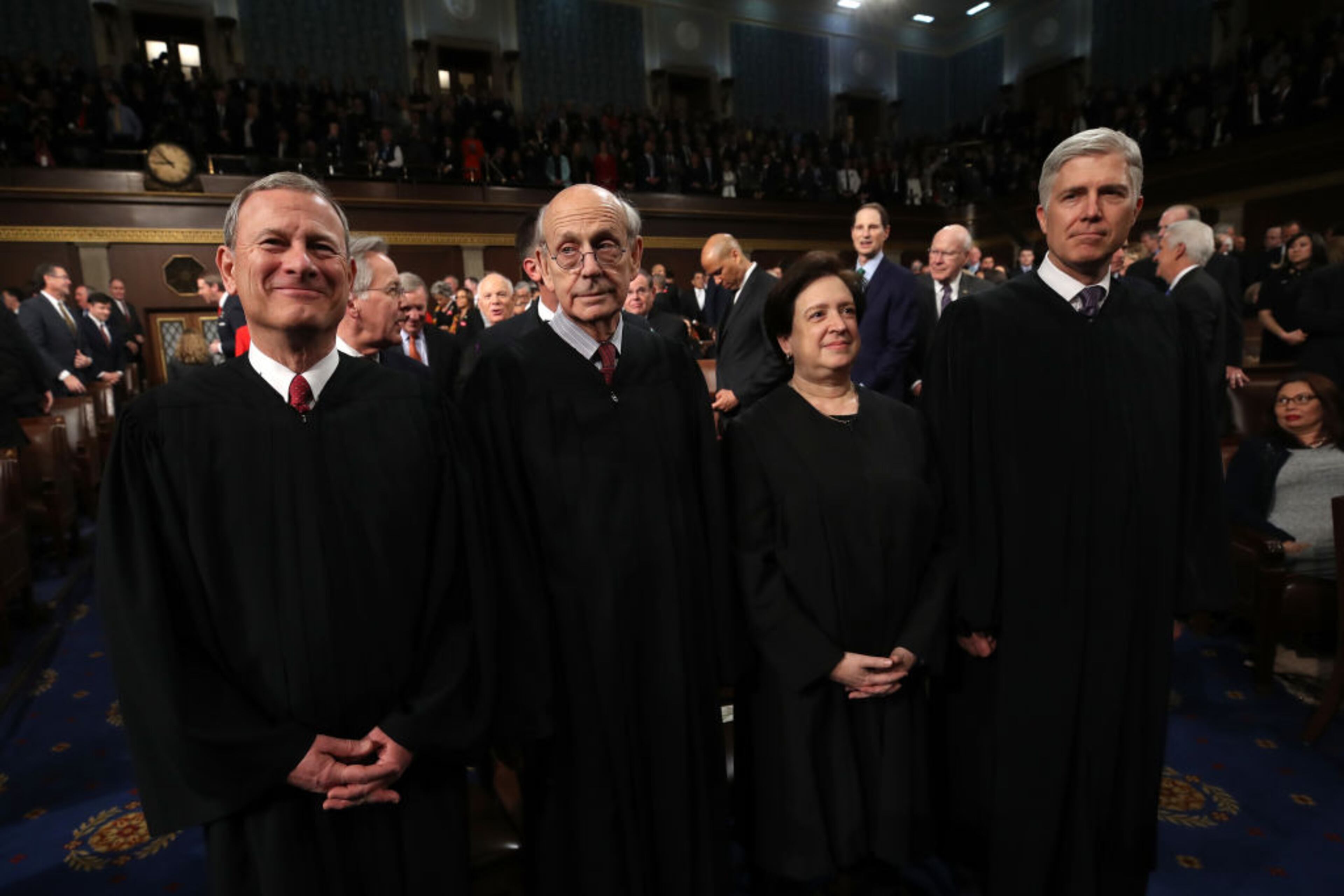 WASHINGTON, DC - JANUARY 30: (L-R) U.S. Supreme Court Chief Justice John G. Roberts, U.S. Supreme Court Associate Justice Stephen G. Breyer, U.S. Supreme Court Associate Justice Elena Kagan, U.S. Supreme Court Associate Justice Neil M. Gorsuch during the State of the Union address in the chamber of the U.S. House of Representatives January 30, 2018 in Washington, DC. This is the first State of the Union address given by U.S. President Donald Trump and his second joint-session address to Congress. (Photo by Win McNamee/Getty Images)