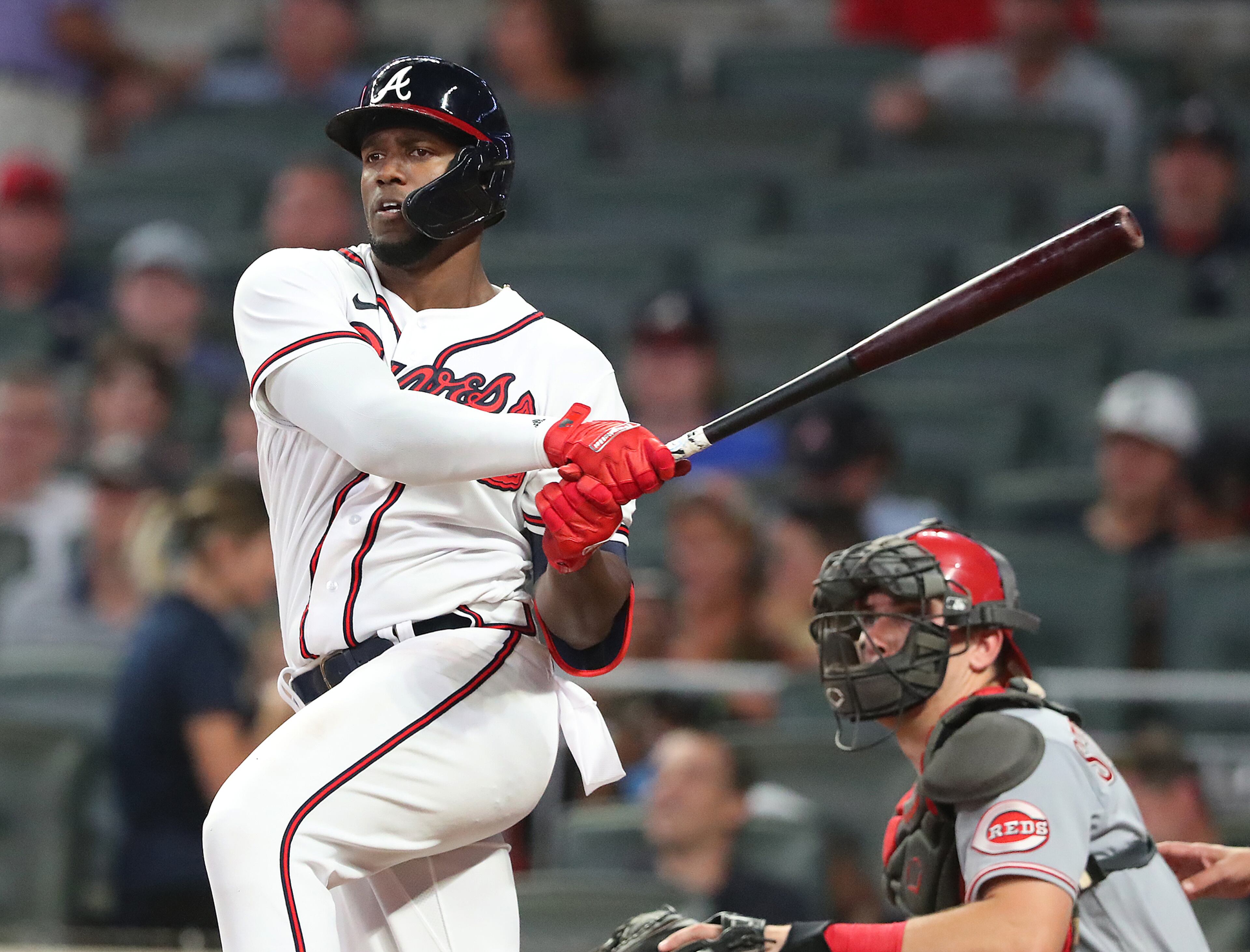 Atlanta Braves' Jorge Soler rips a double against the Cincinnati Reds during the 7th inning of a MLB baseball game on Tuesday, August 10, 2021, in Atlanta. “Curtis Compton / Curtis.Compton@ajc.com”