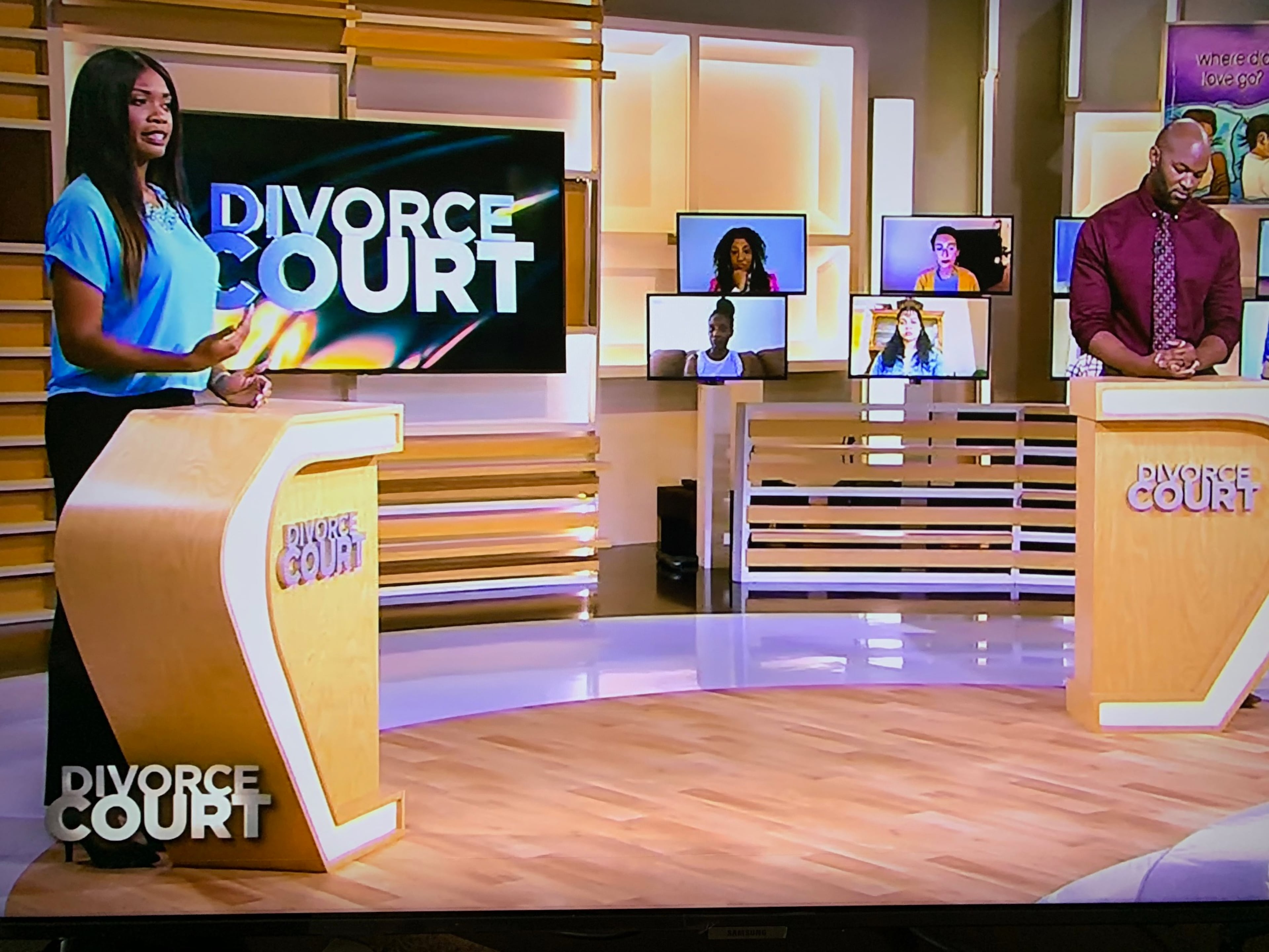 The new set of "Divorce Court" for Faith Jenkins, shot at Georgia Public Broadcasting in Midtown Atlanta. Shay Garndner (left) of Tyler, Texas wants to divorce her husband Kenneth Gardner over cheating allegations. CR: Divorce Court