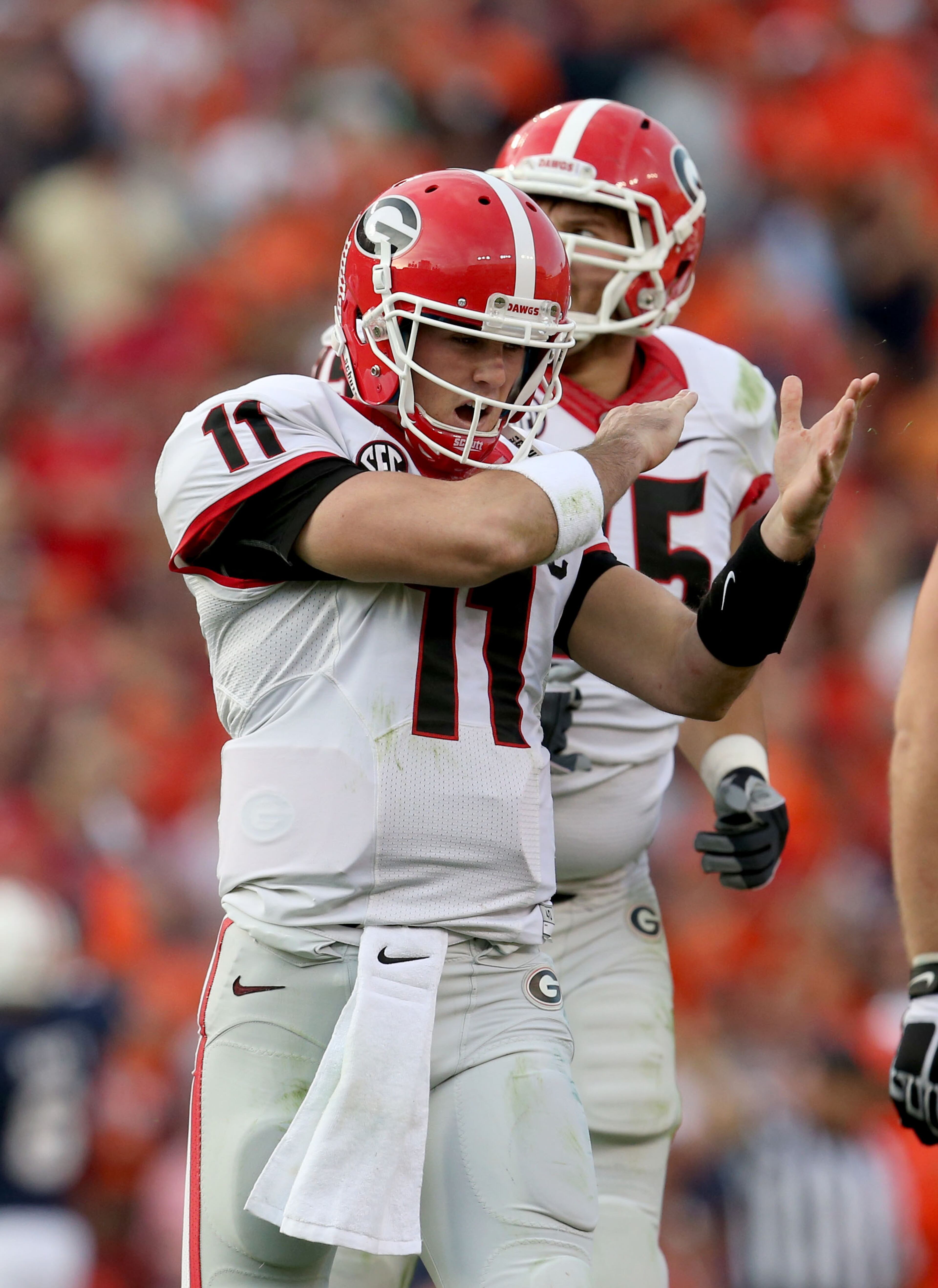 Georgia Bulldogs quarterback Aaron Murray (11) reacts after throwing an interception in the first half of their game against the Auburn Tigers at Jordan-Hare Stadium Saturday afternoon in Auburn, Al., November 16, 2013.