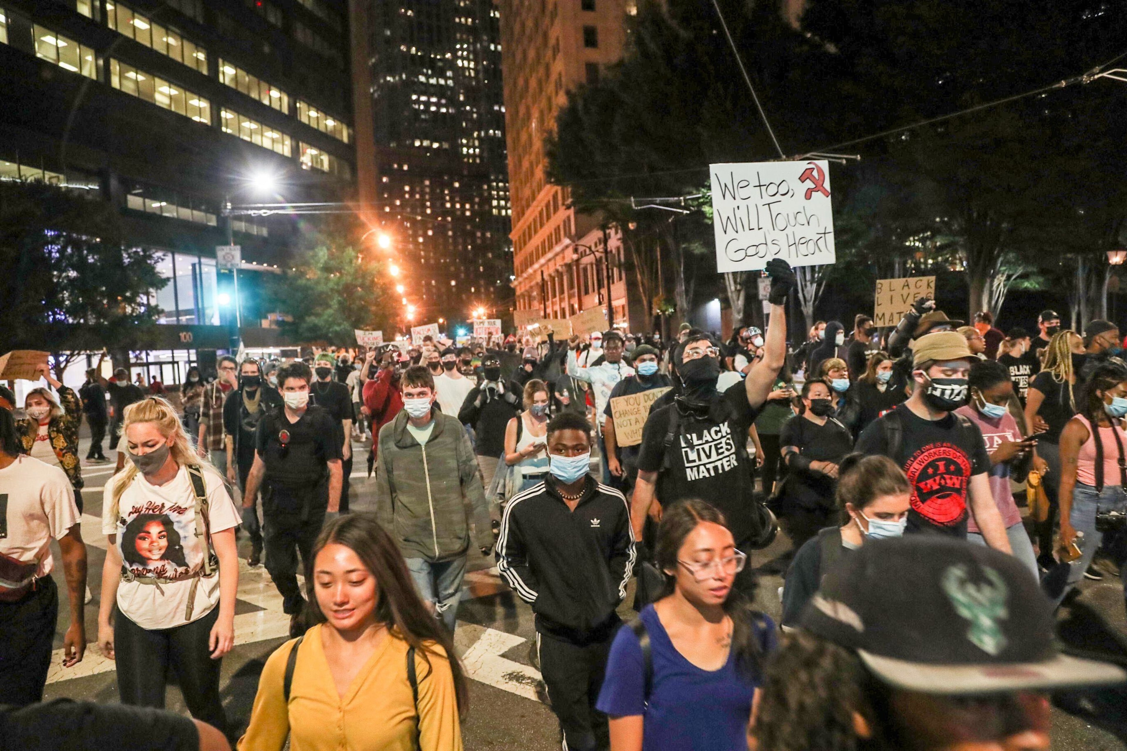 Protesters march in downtown Atlanta on Wednesday, Sept. 24, 2020, after the Breonna Taylor ruling. (Alyssa Pointer / Alyssa.Pointer@ajc.com)