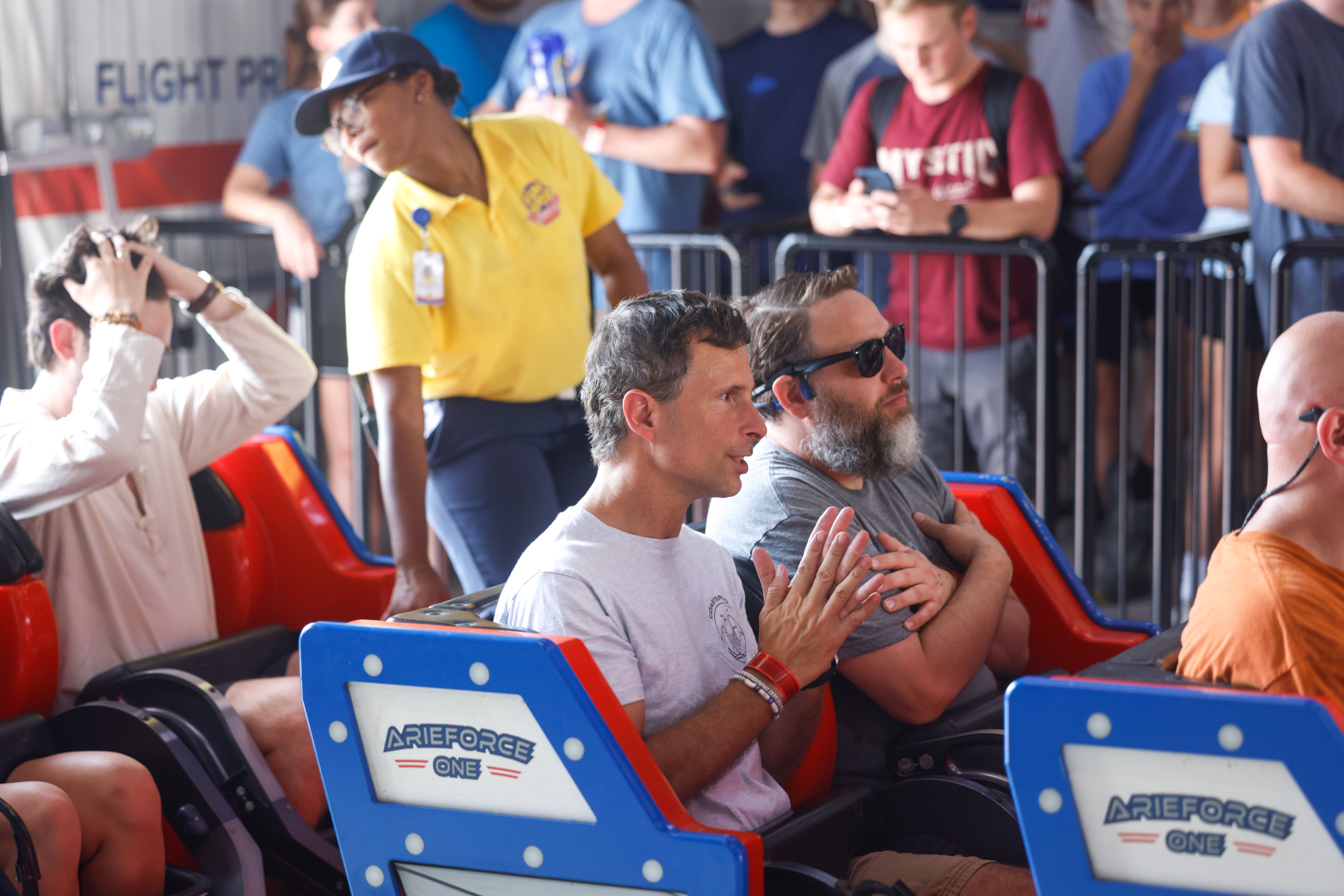 Super-rider James Fordham (center) has ridden ArieForce One more than 28,000 times. "Feeling the weightlessness ... I love all that. My body likes being in motion,” he says. (Arvin Temkar/AJC)